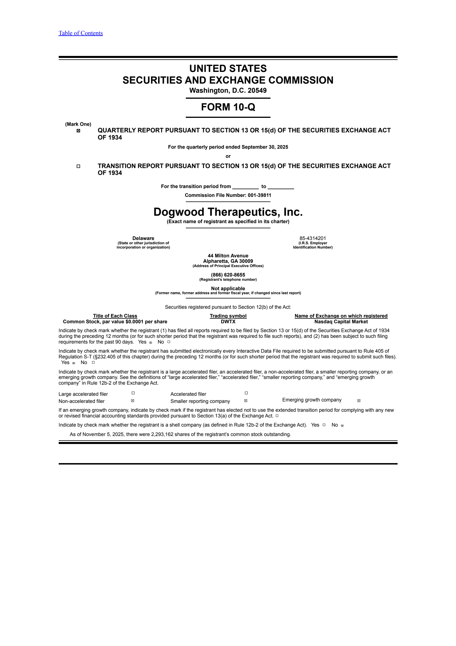Dogwood Therapeutics' Q3 2025 Quarterly Report