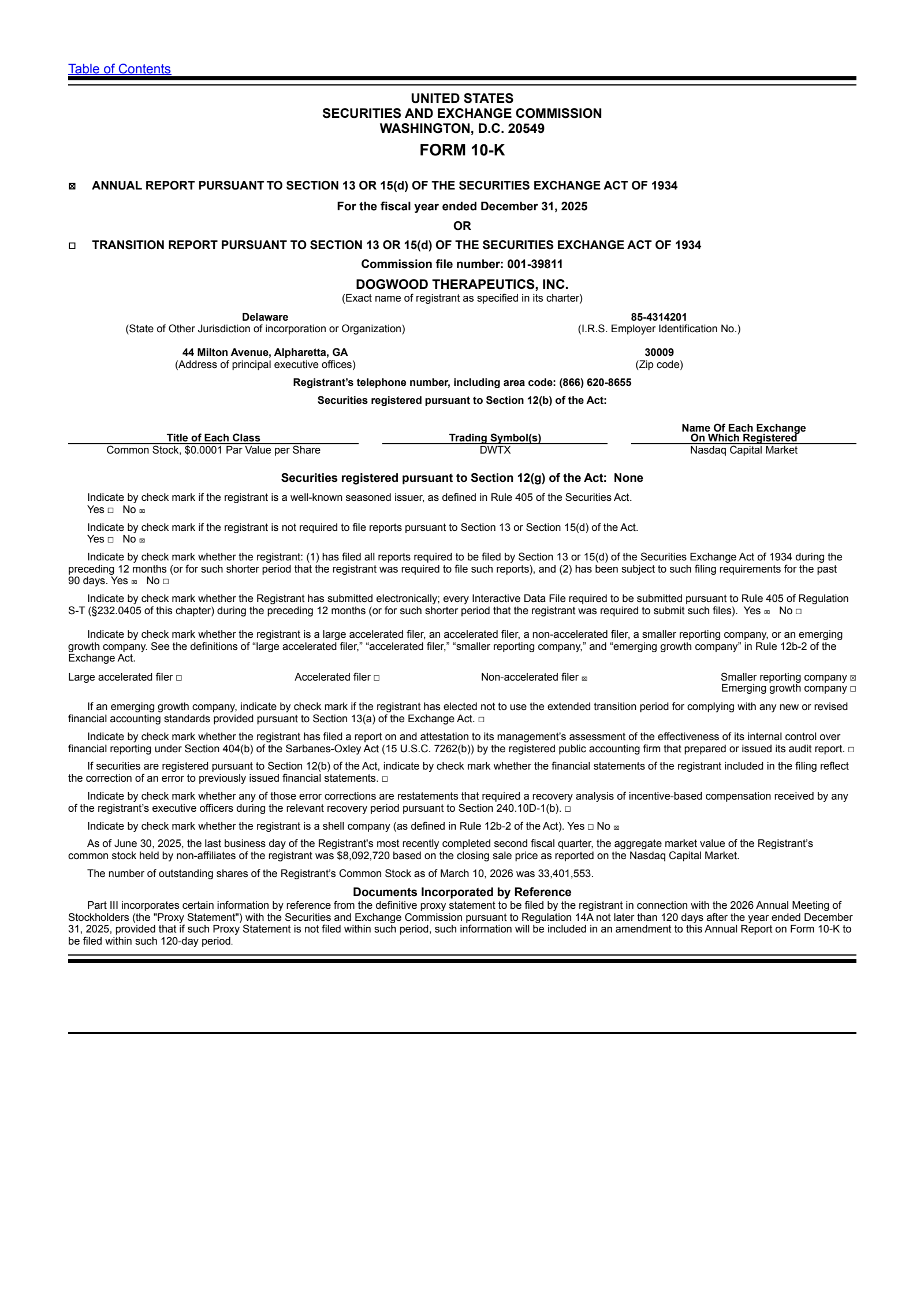 Dogwood Therapeutics' Q4 2025 Annual report