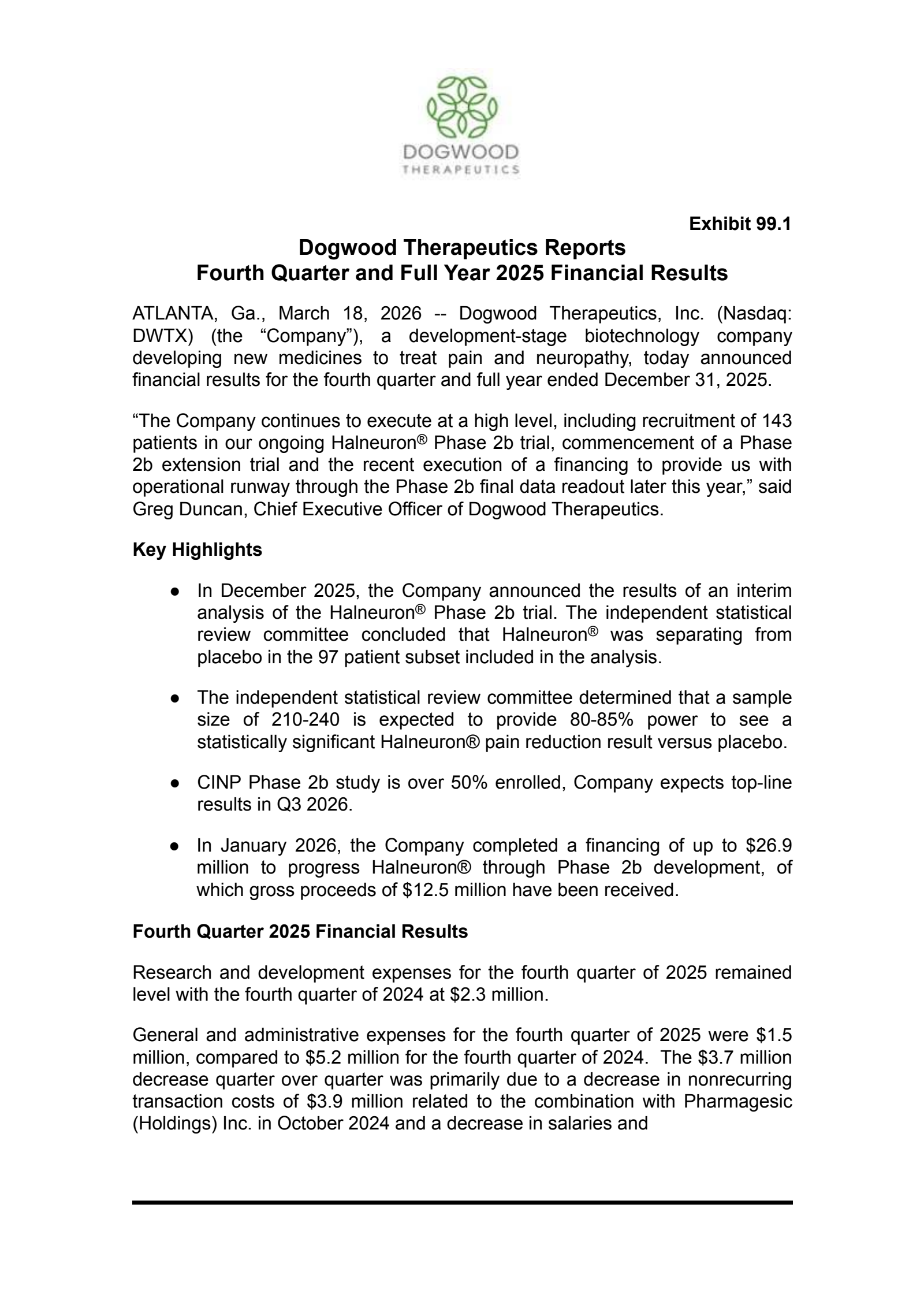 Dogwood Therapeutics' Q4 2025 Press Release