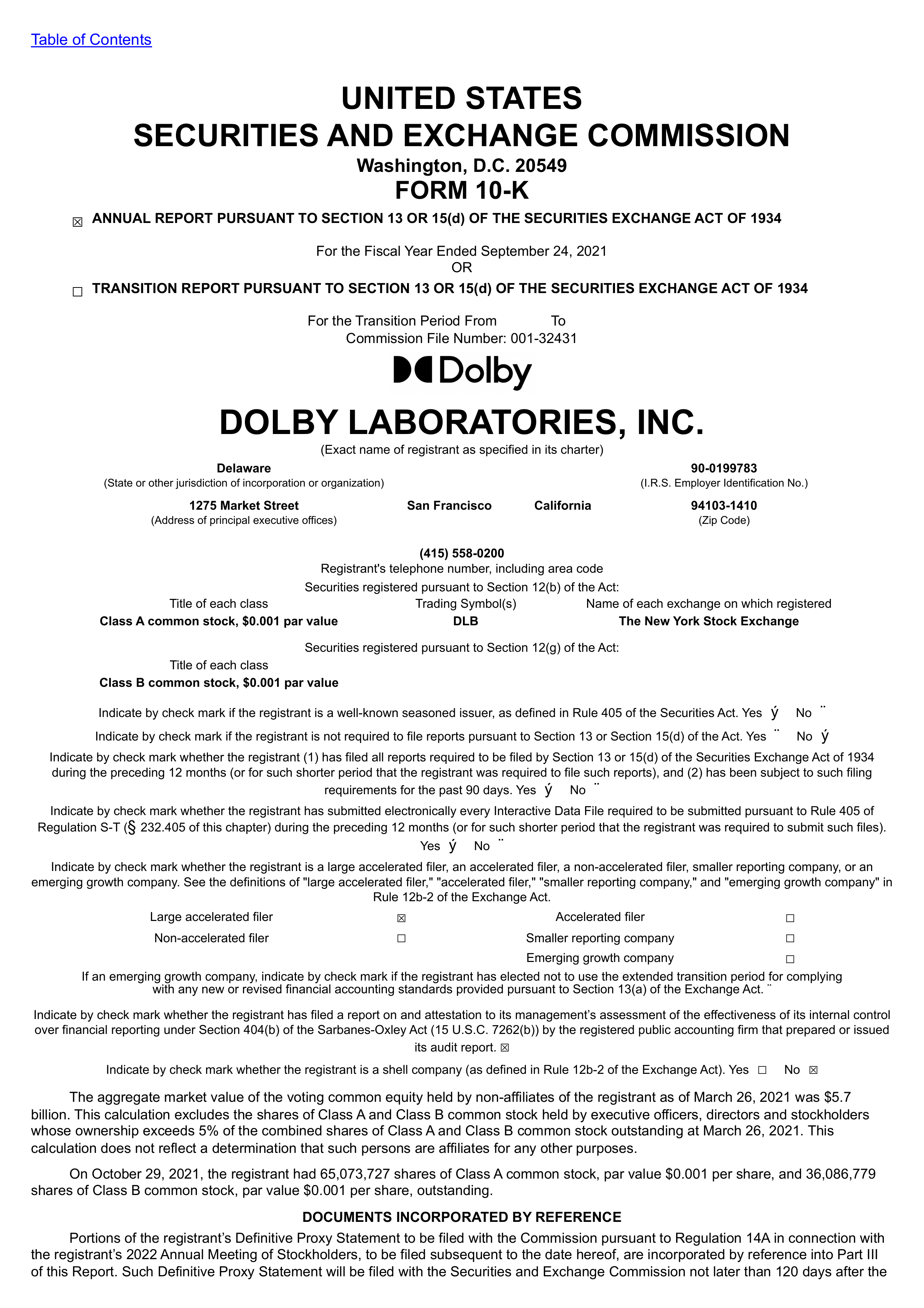Dolby Laboratories' Q4 2021 Annual report