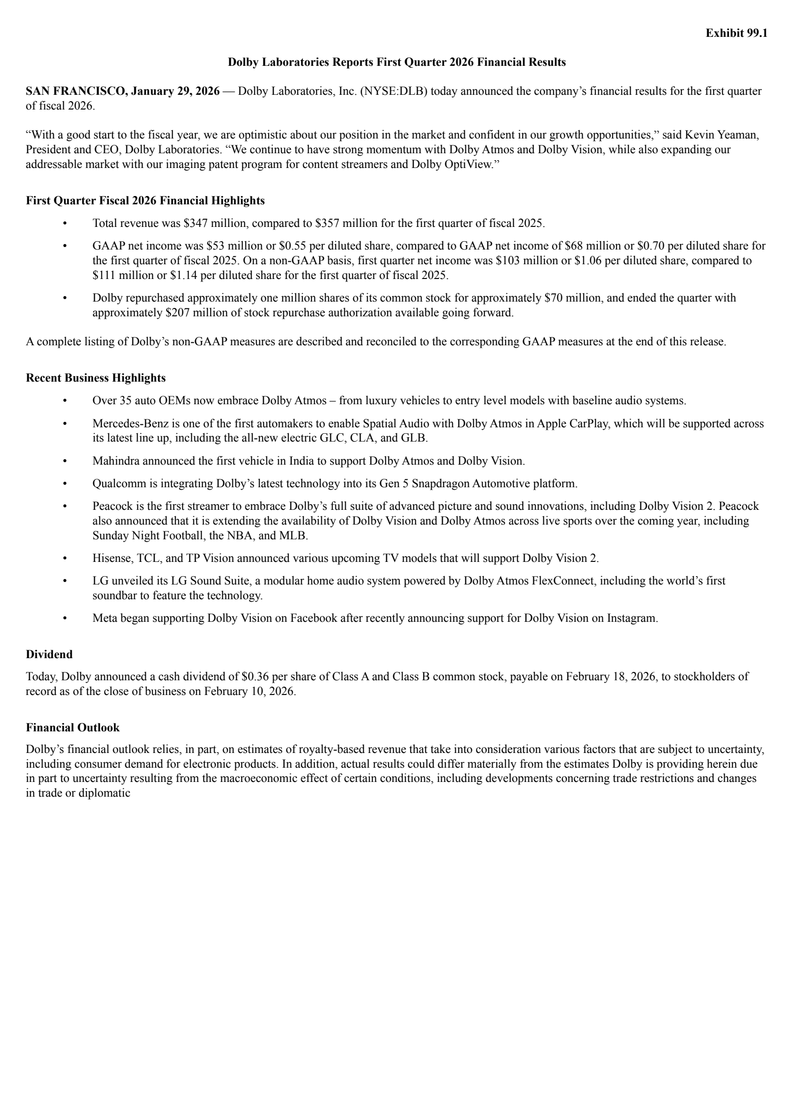 Dolby Laboratories' Q1 2026 Press Release