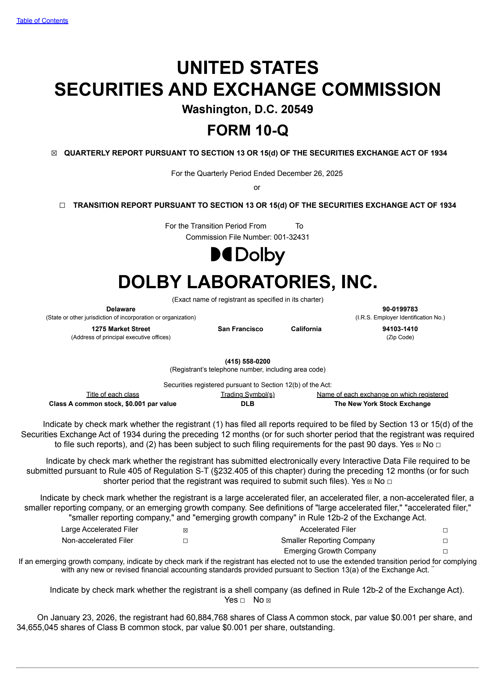 Dolby Laboratories' Q1 2026 Quarterly report