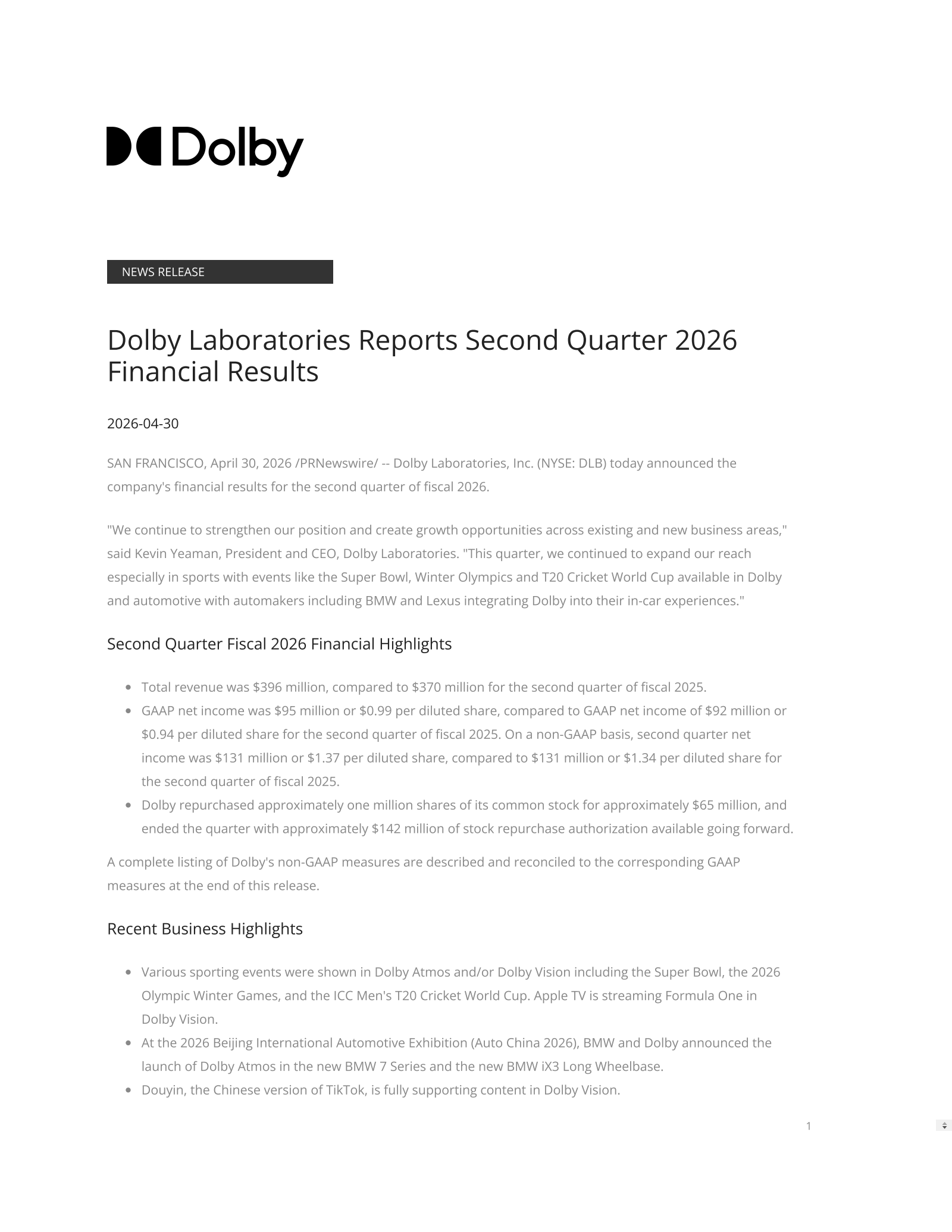 Dolby Laboratories' Q2 2026 Press Release
