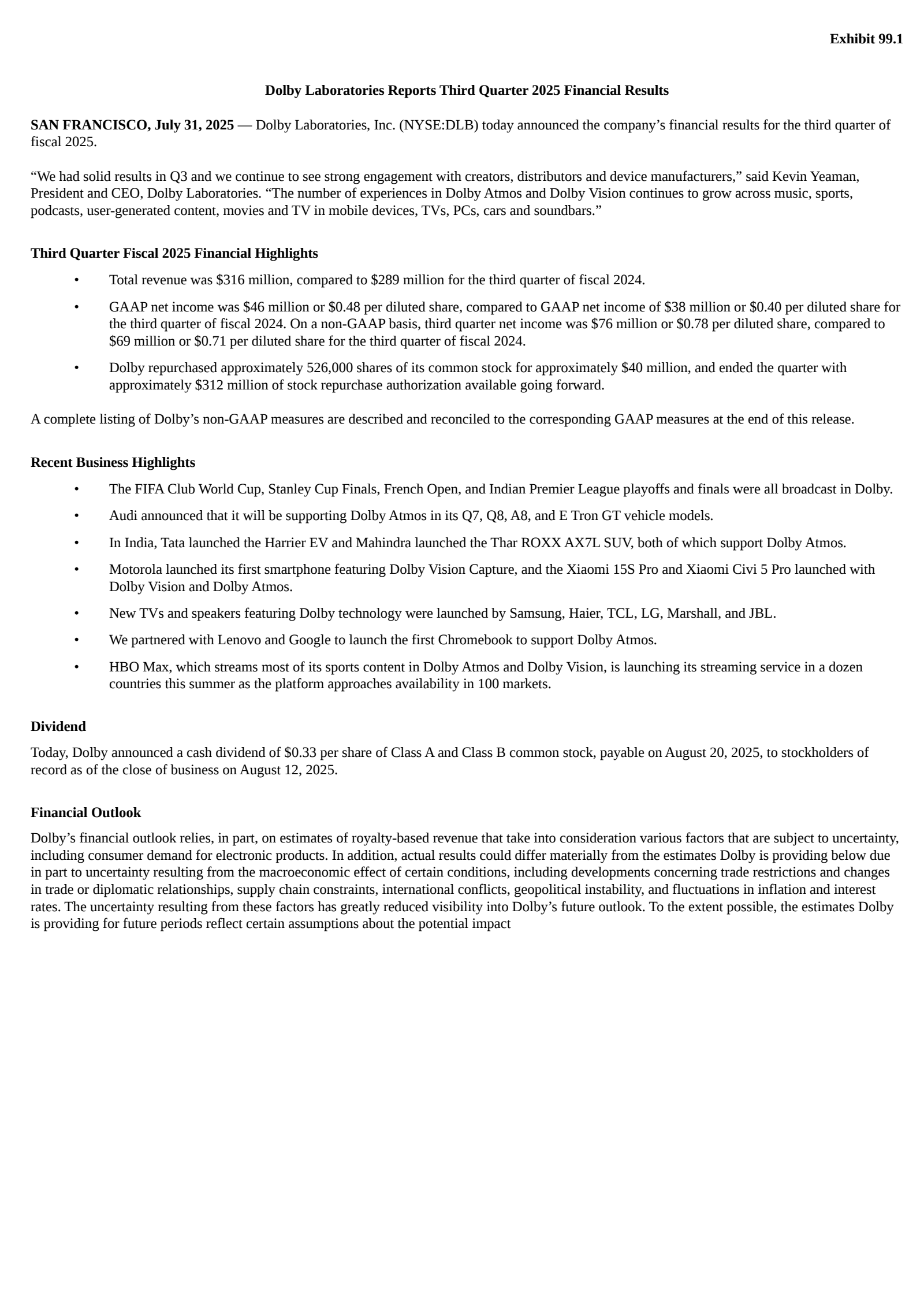 Dolby Laboratories' Q3 2025 Press Release