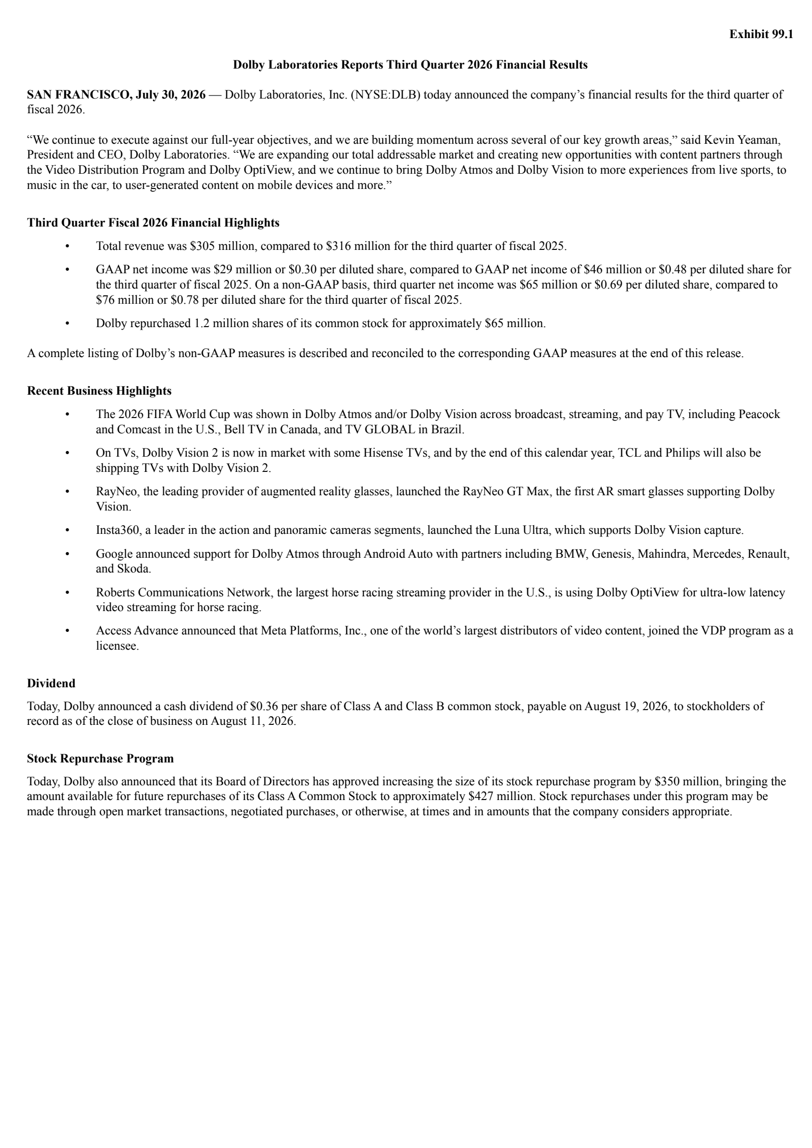 Dolby Laboratories' Q3 2026 Press Release