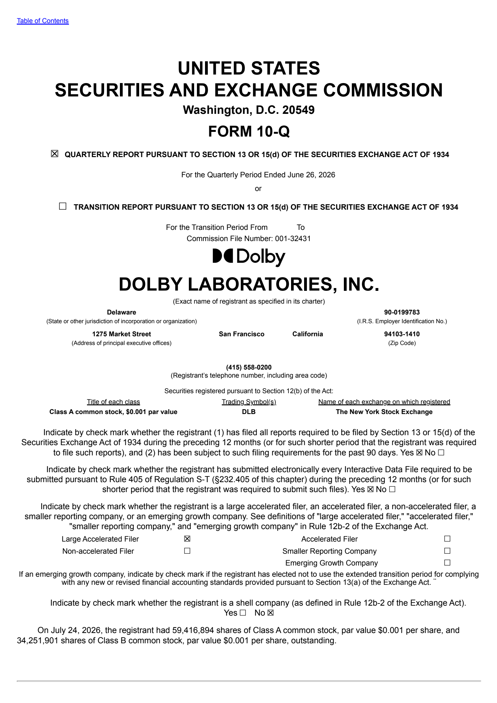 Dolby Laboratories' Q3 2026 Quarterly report