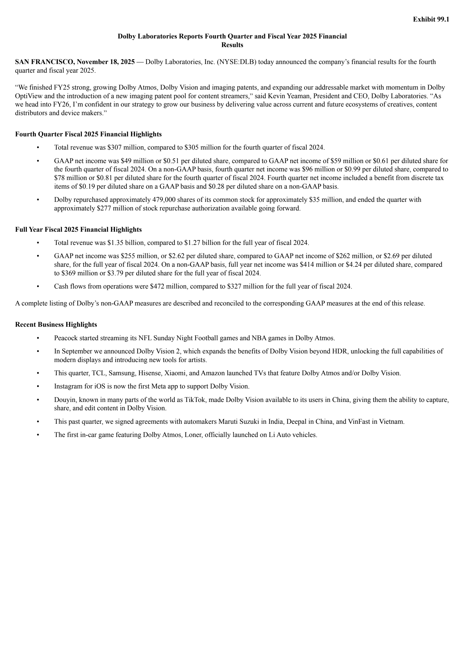 Dolby Laboratories' Q4 2025 Earnings Release