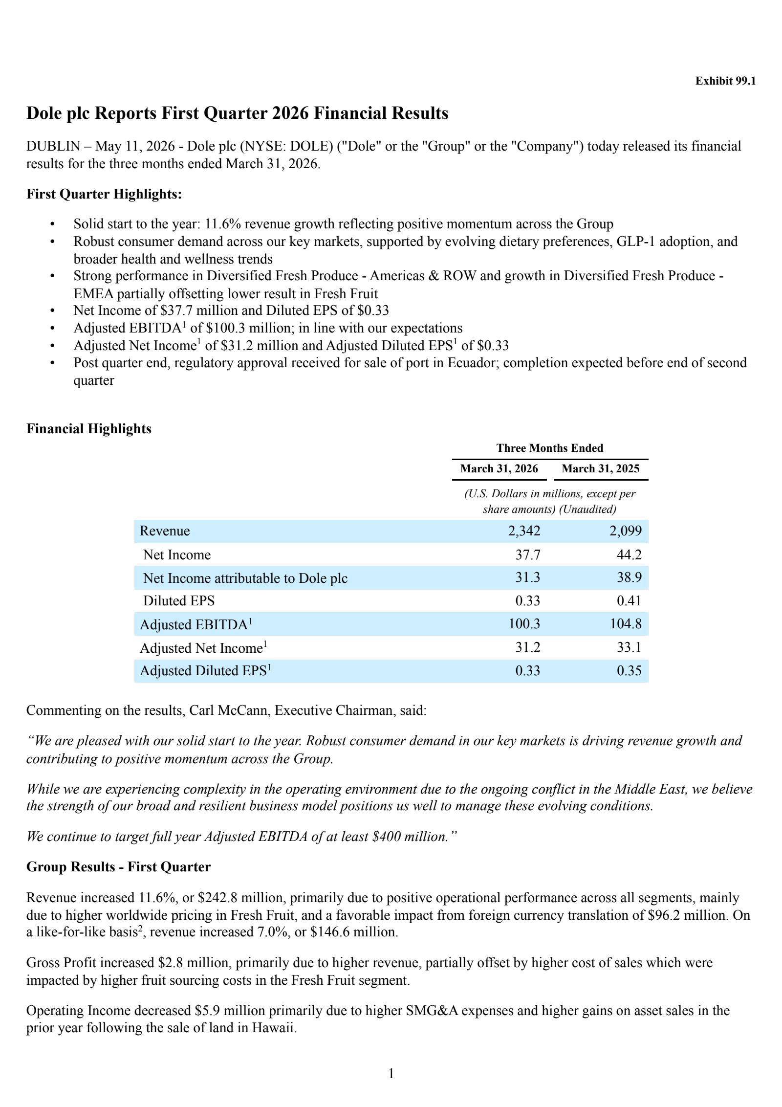 Dole's Q1 2026 Press Release