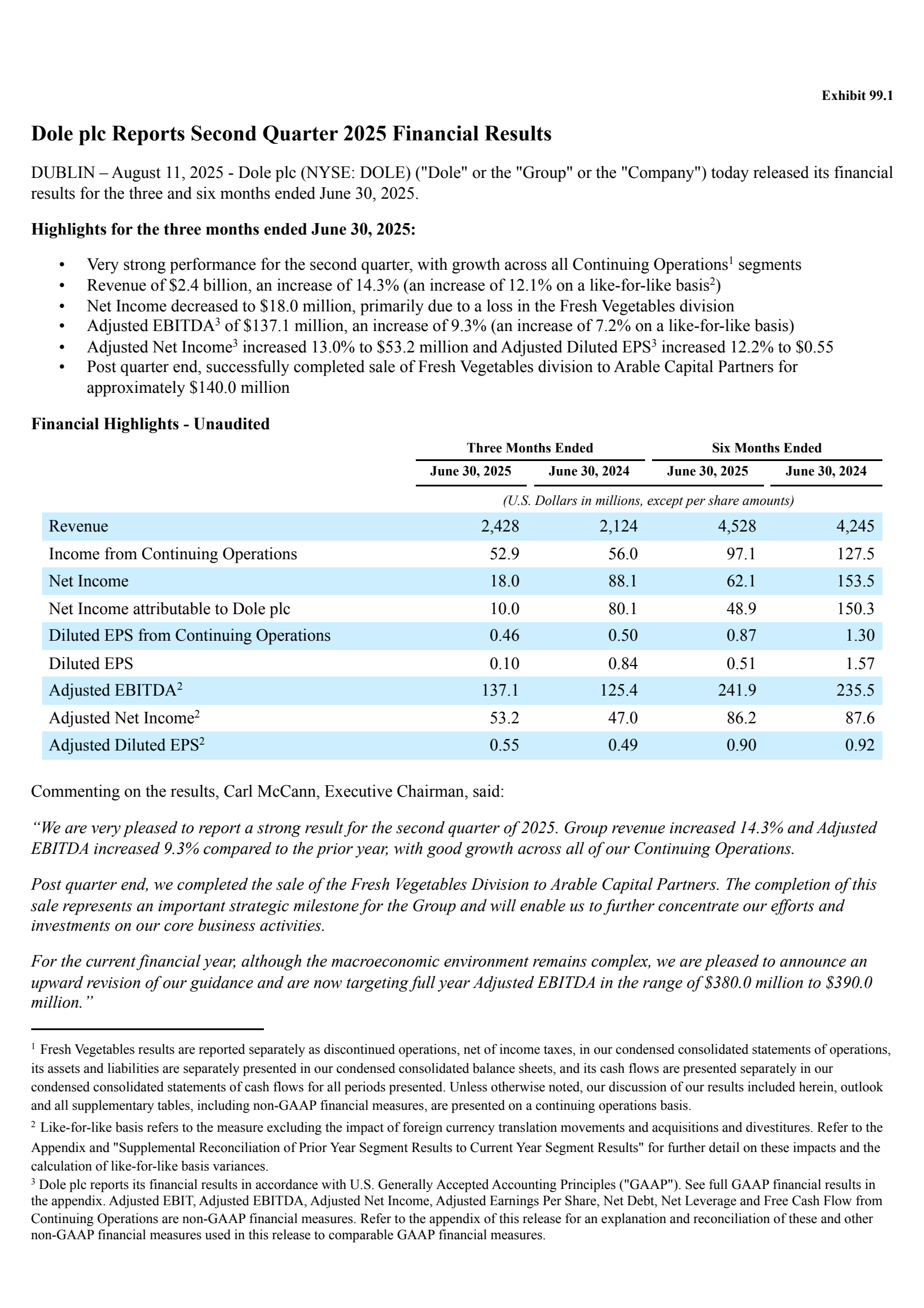 Dole's Q2 2025 Press Release
