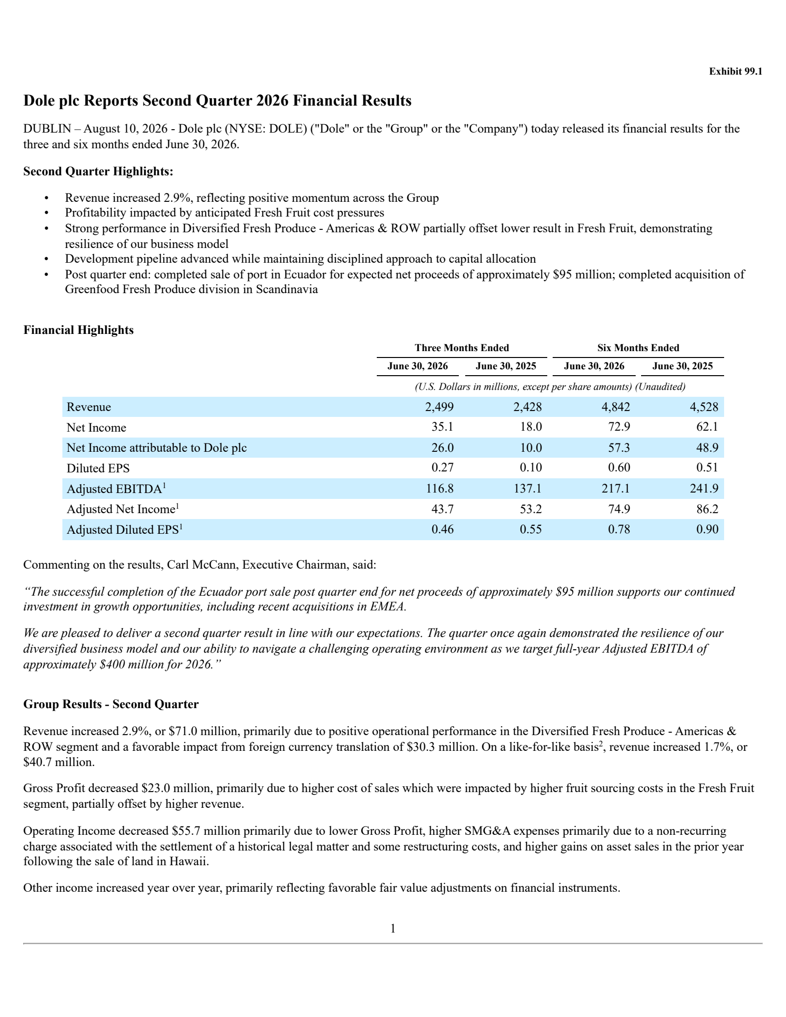 Dole's Q2 2026 Press Release