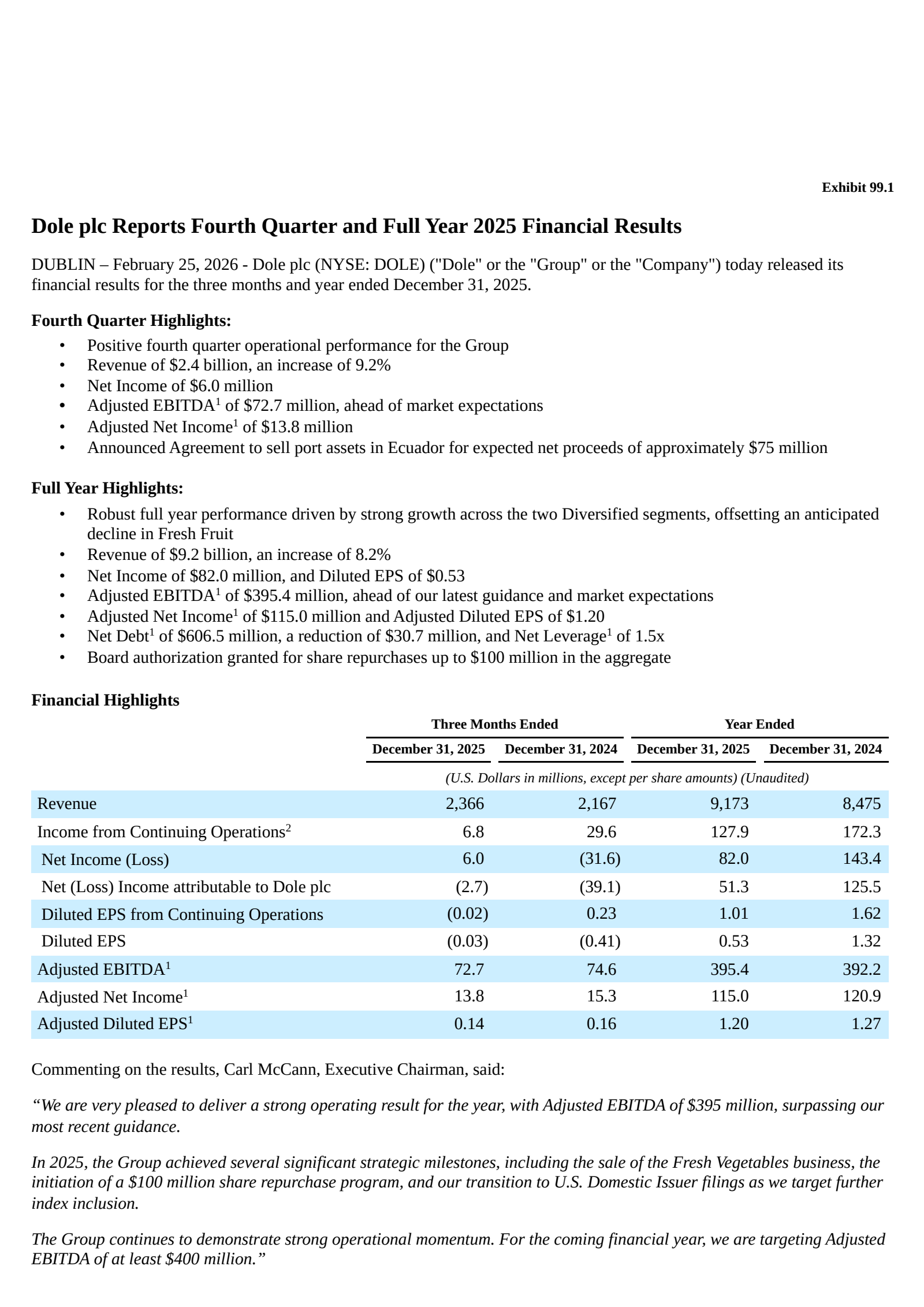 Dole's Q4 2025 Press Release