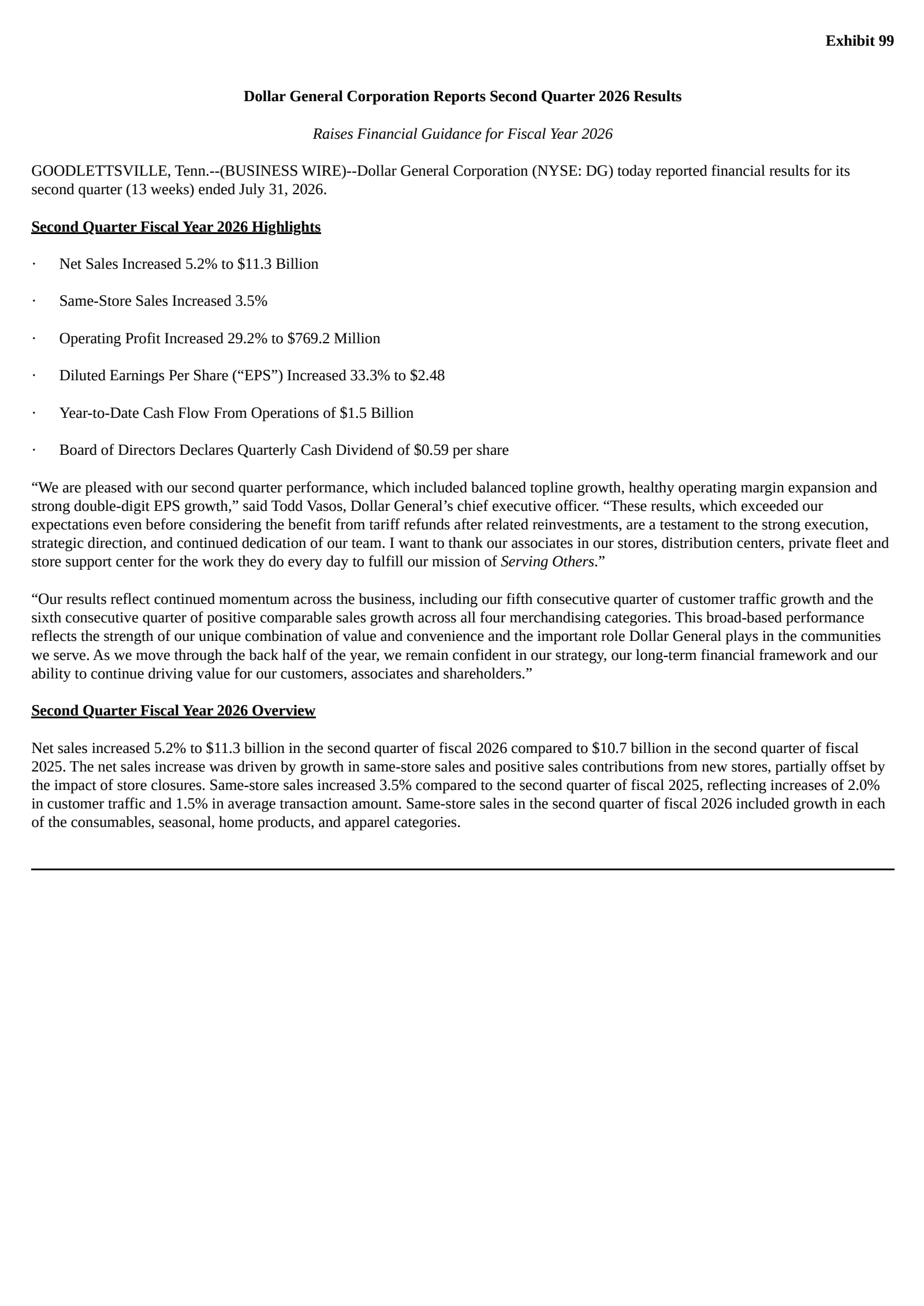 Dollar General's Q2 2026 Press Release