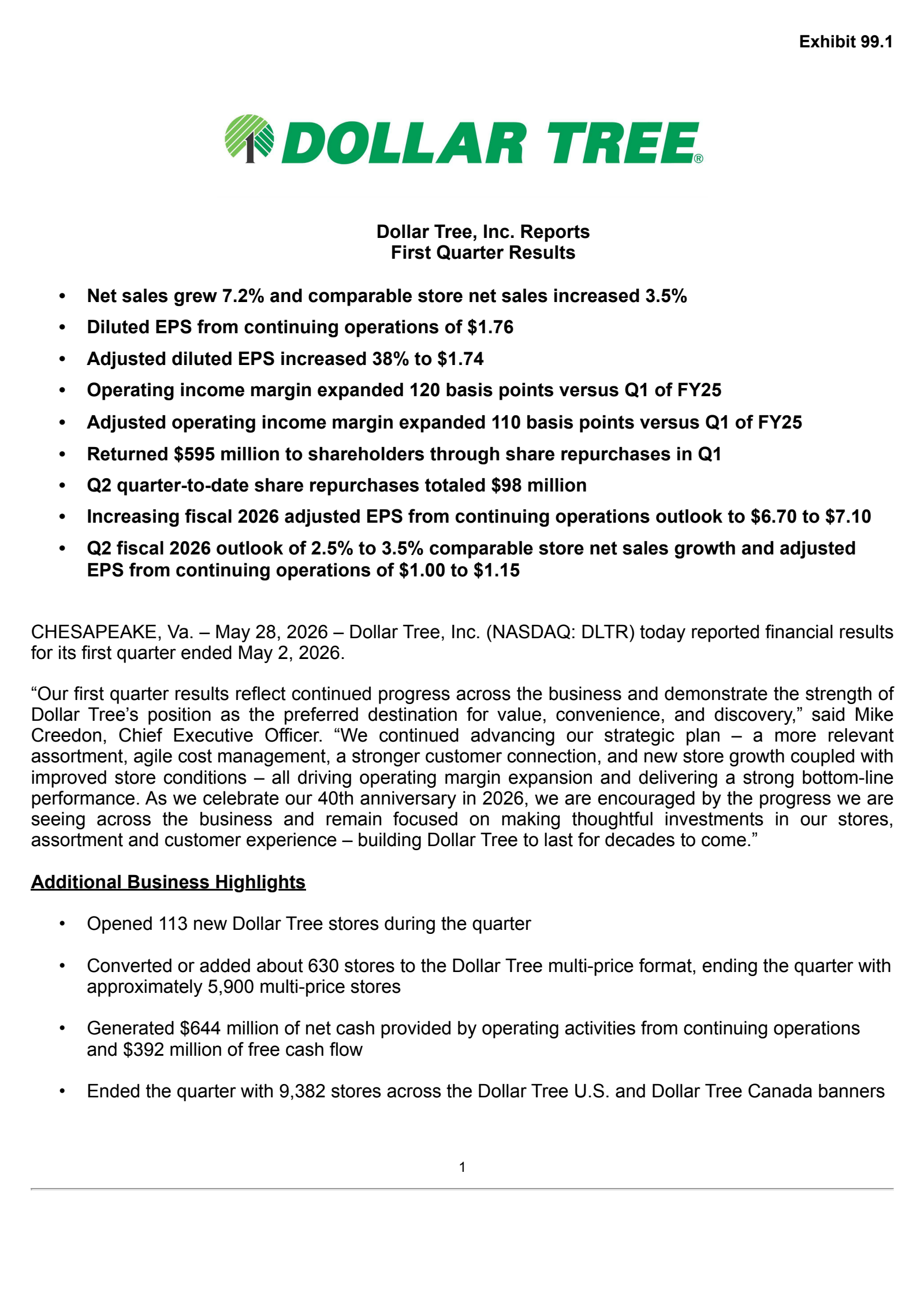 Dollar Tree's Q1 2026 Press Release