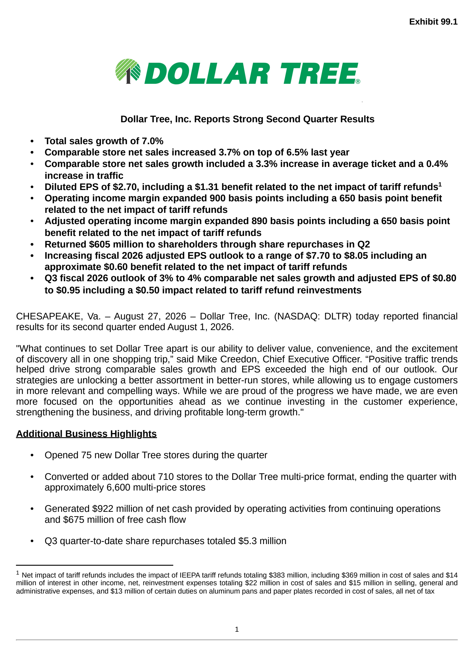 Dollar Tree's Q2 2026 Press Release
