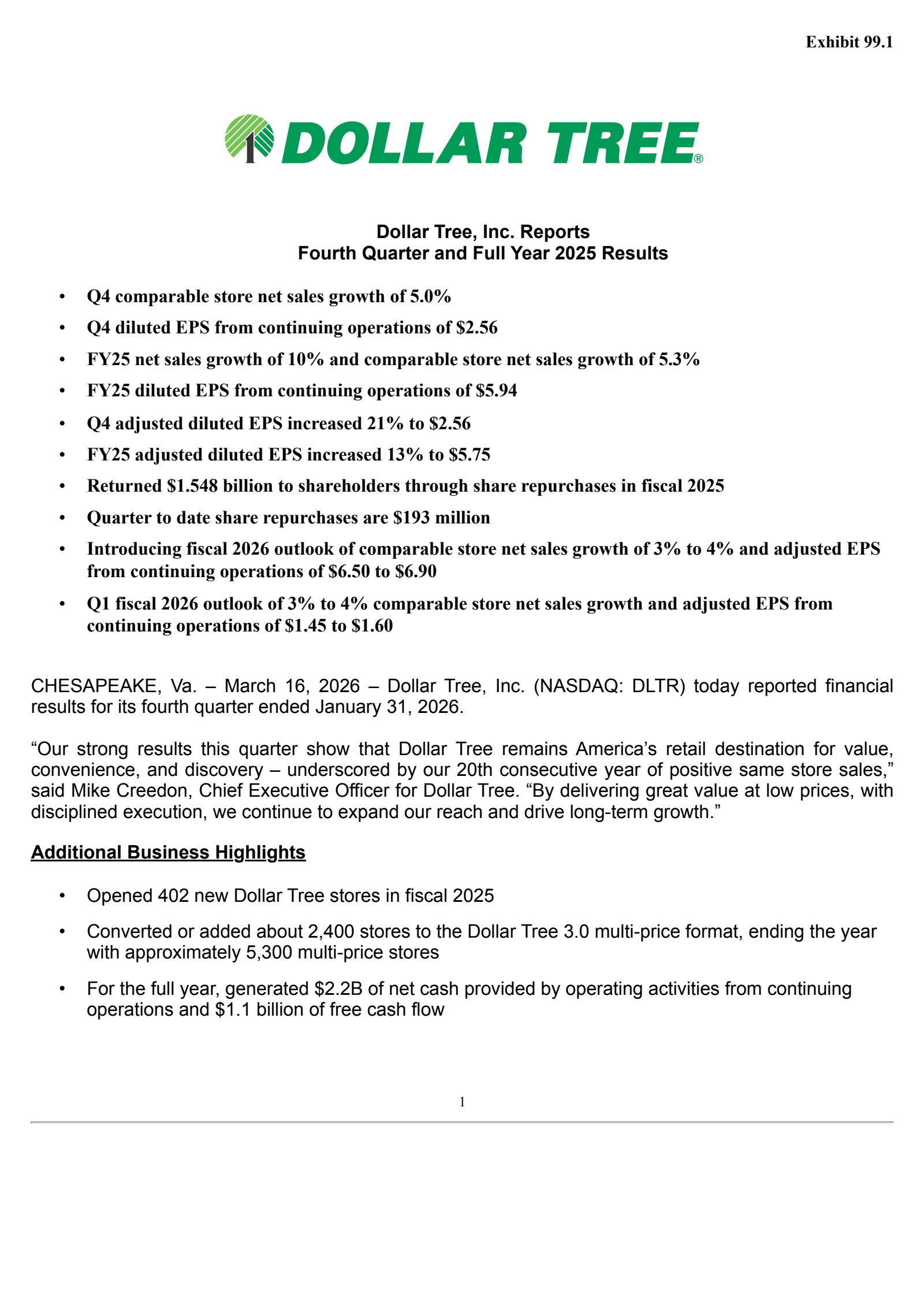 Dollar Tree's Q4 2026 Press Release