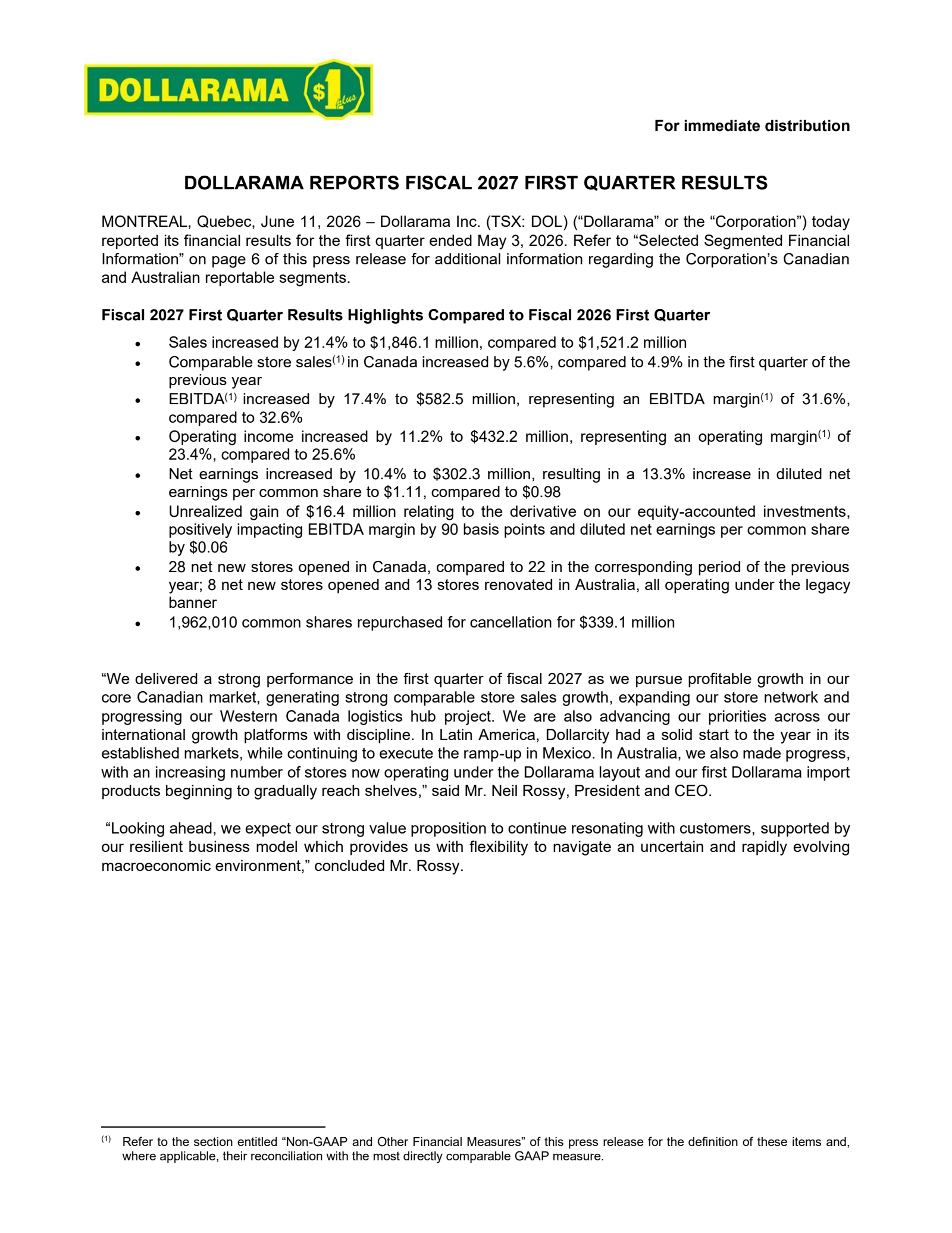 Dollarama's Q1 2027 Press Release