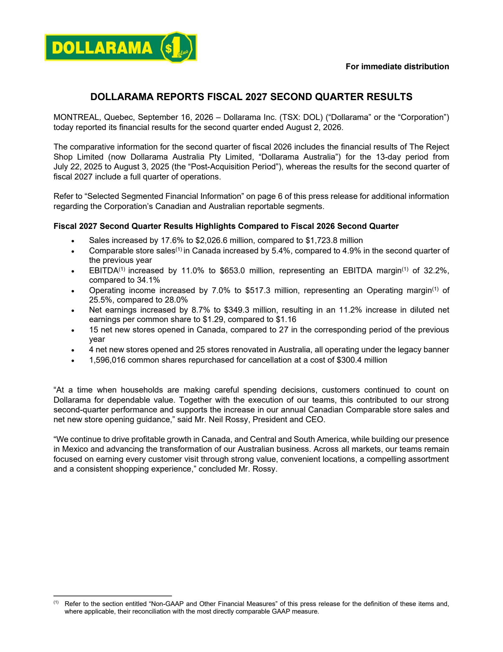Dollarama's Q2 2027 Press Release