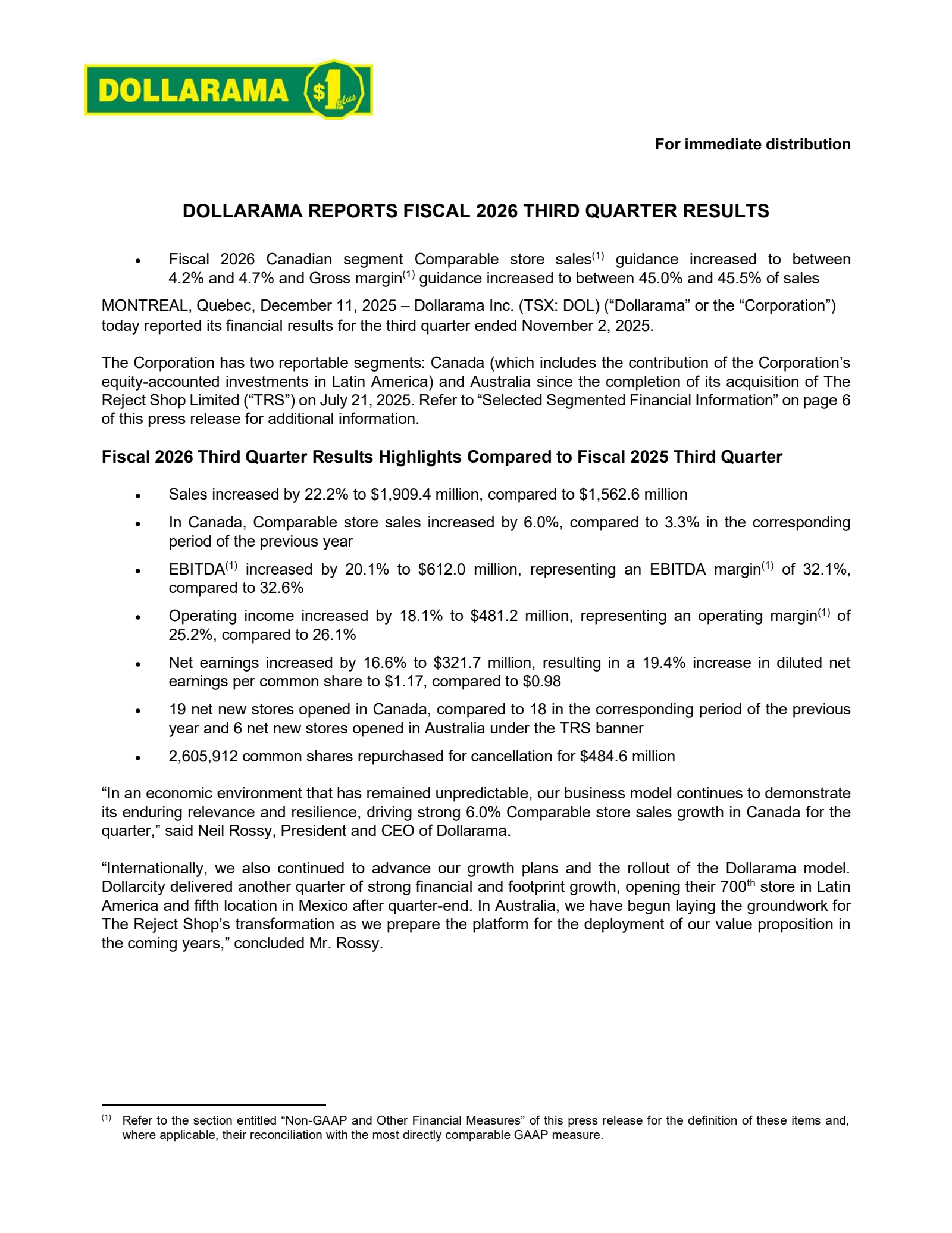 Dollarama's Q3 2026 Press Release