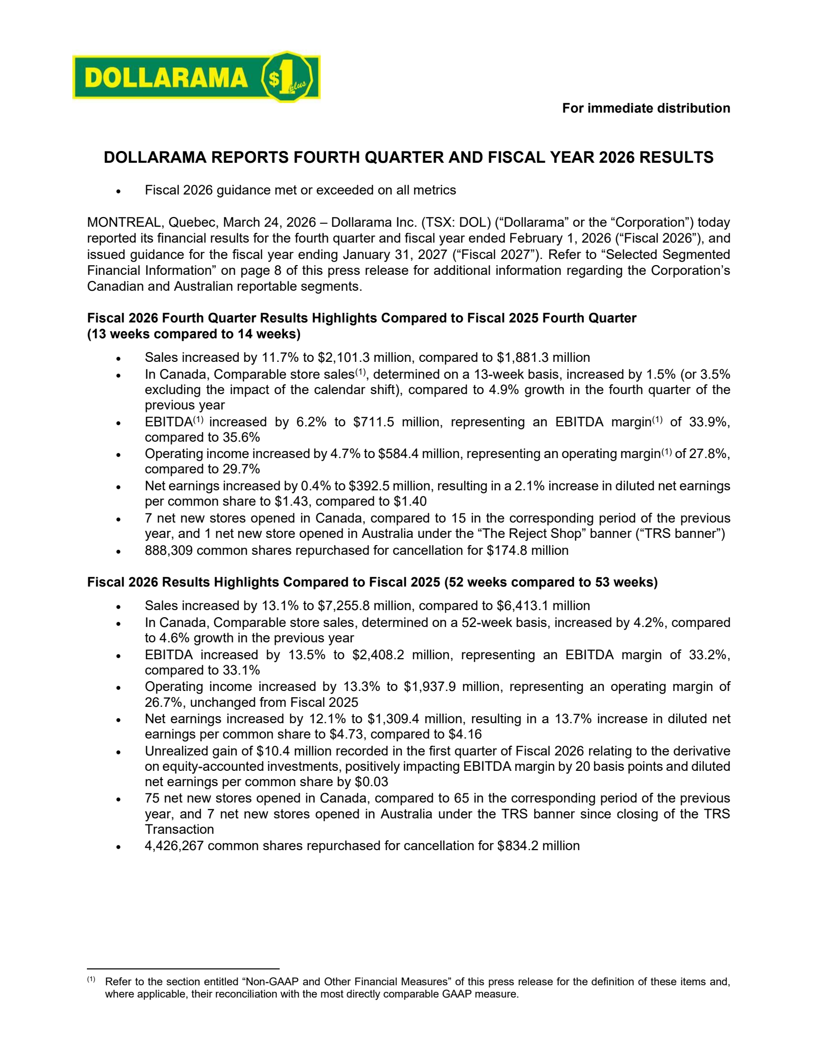Dollarama's Q4 2026 Press Release