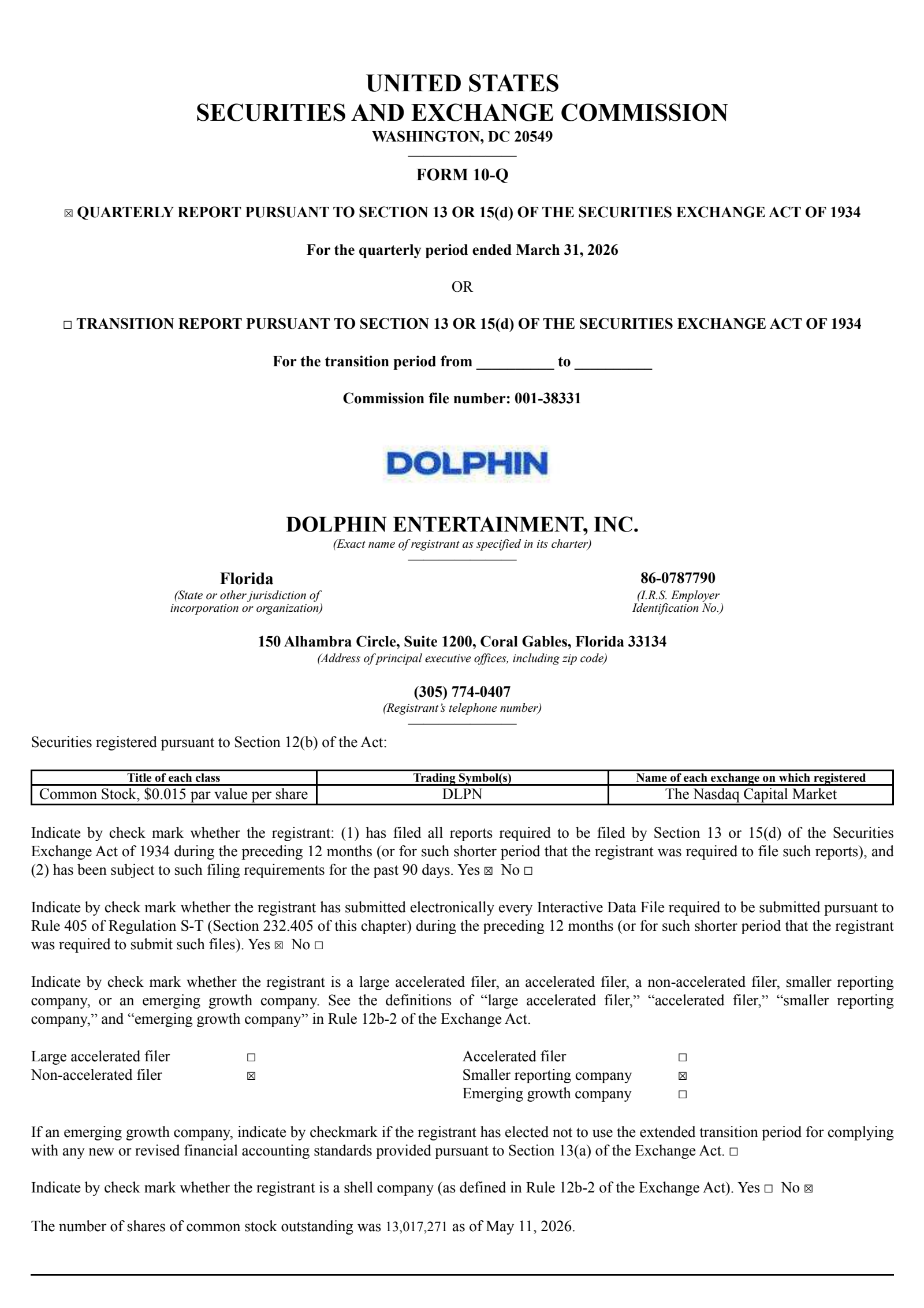 Dolphin Entertainment's Q1 2026 Quarterly report