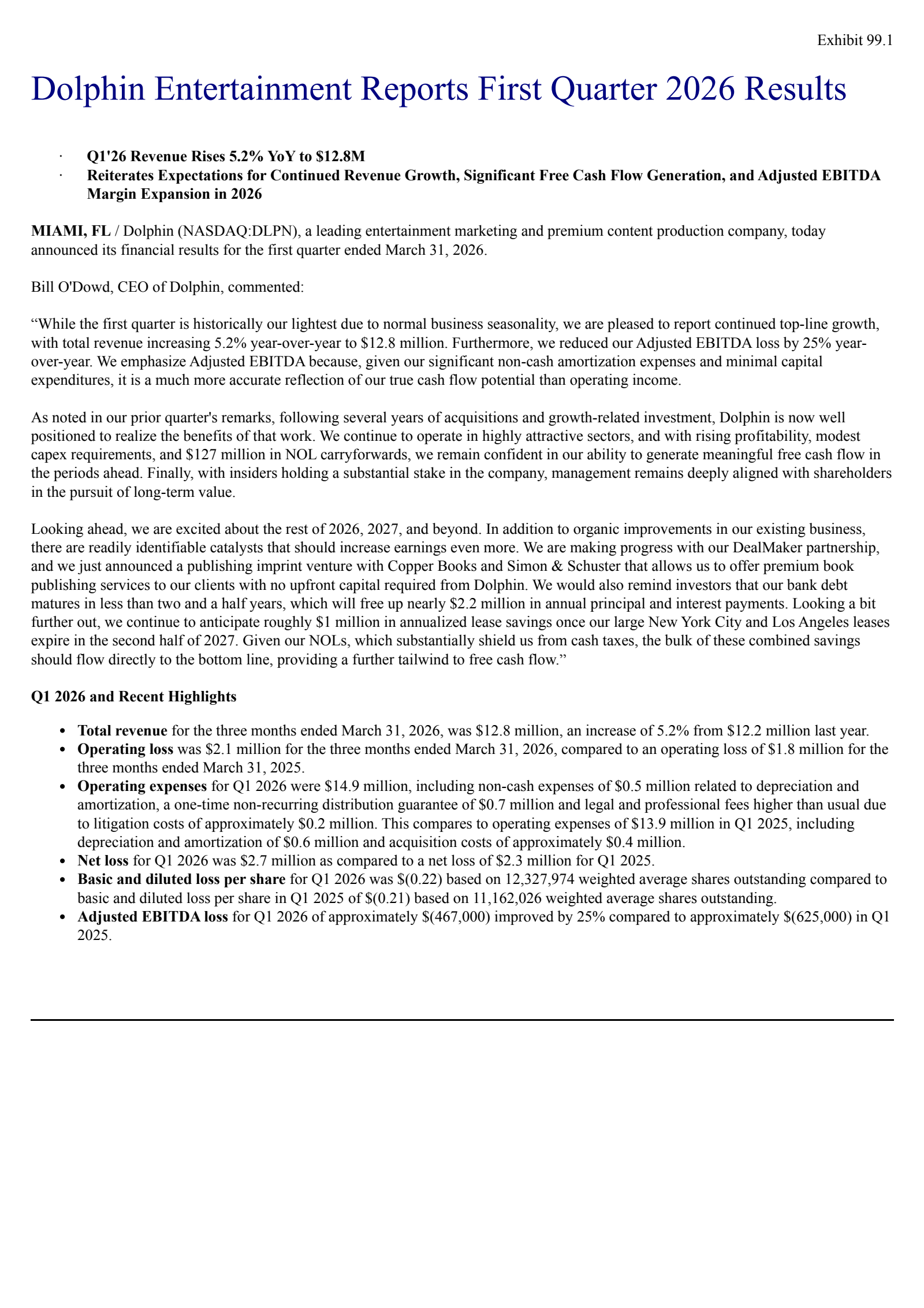 Dolphin Entertainment's Q1 2026 Press Release
