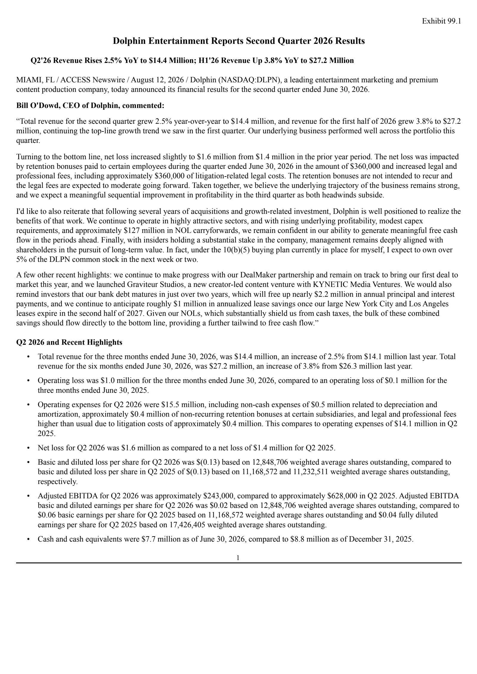 Dolphin Entertainment's Q2 2026 Press Release
