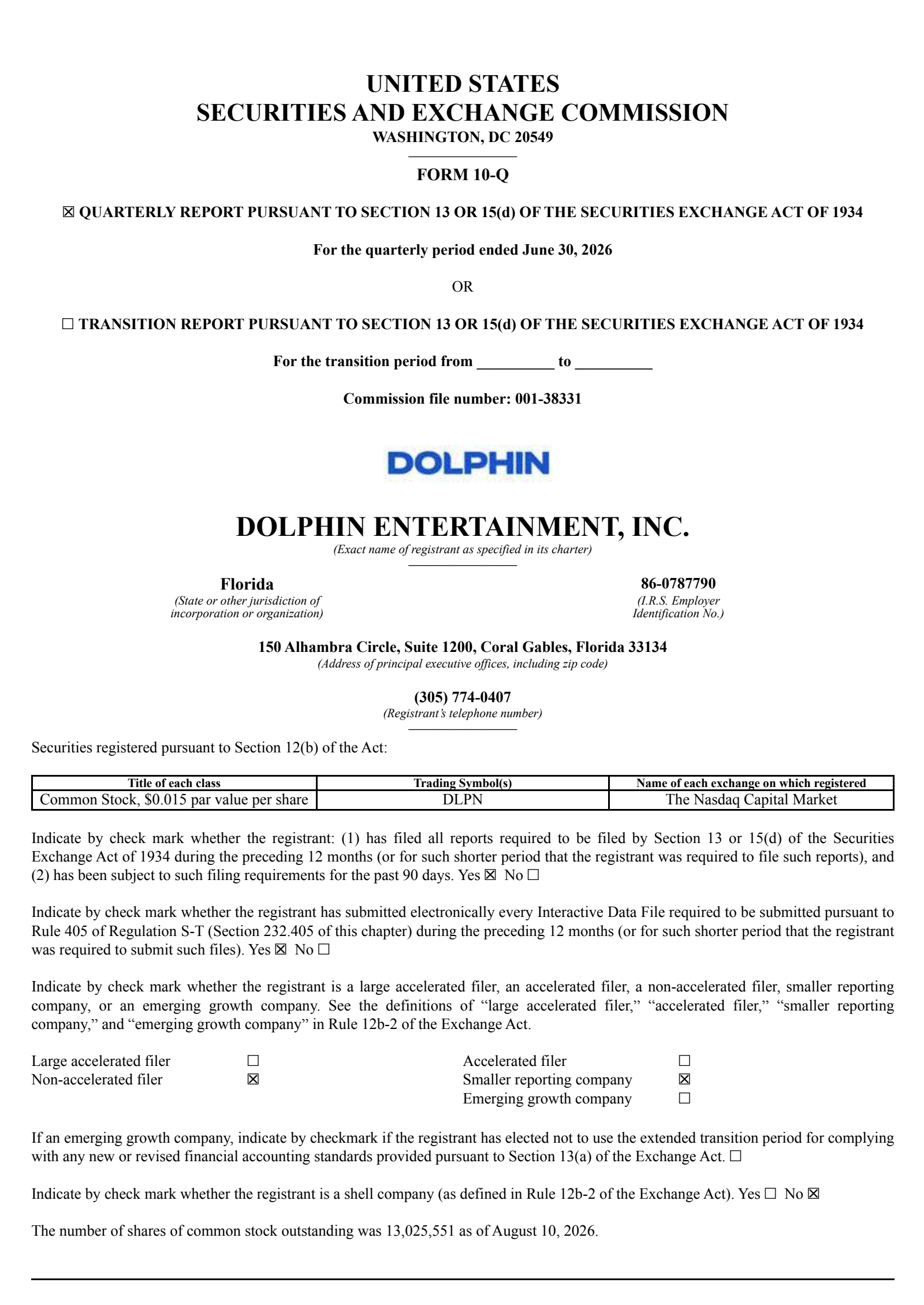 Dolphin Entertainment's Q2 2026 Quarterly report