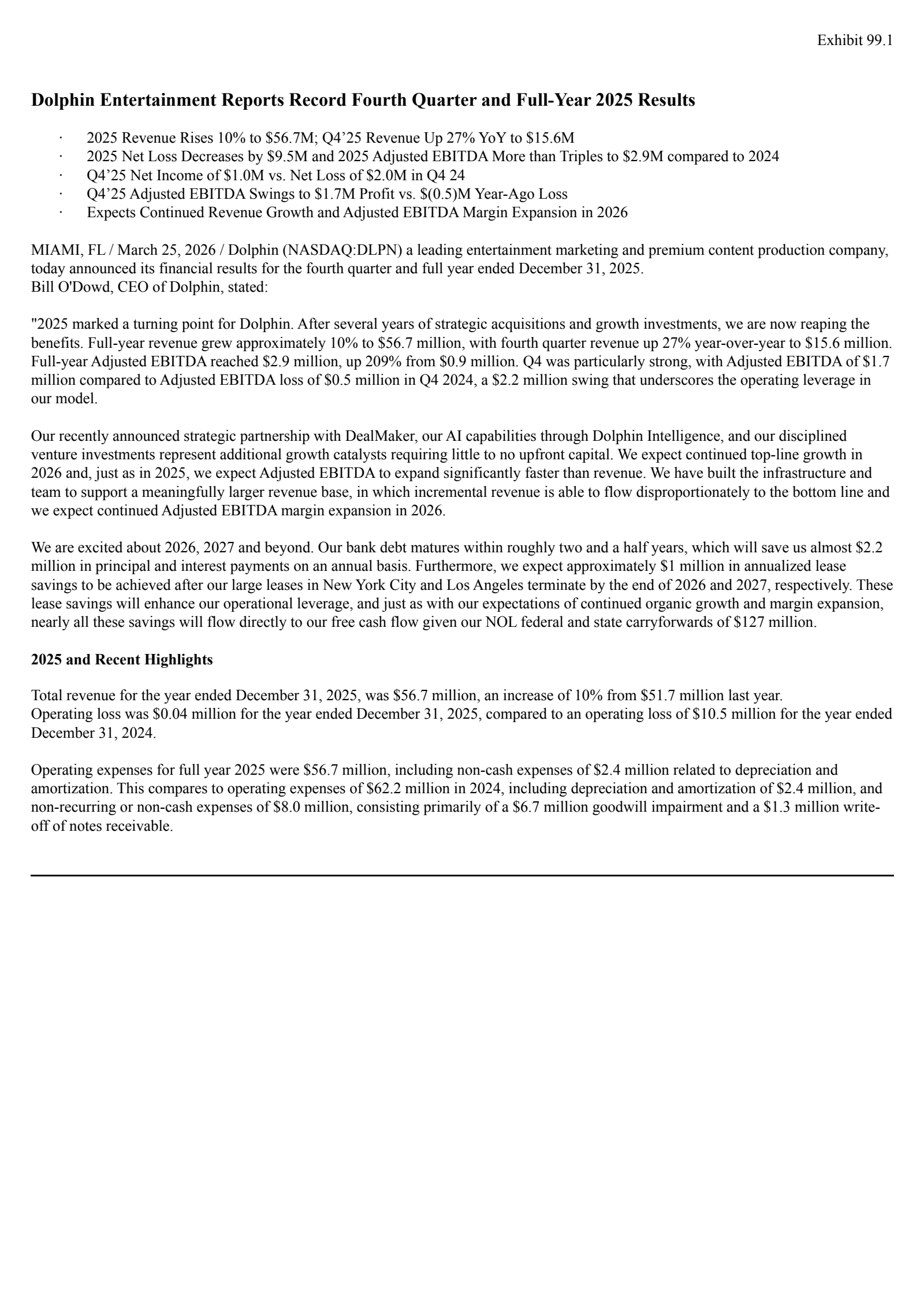 Dolphin Entertainment's Q4 2025 Press Release