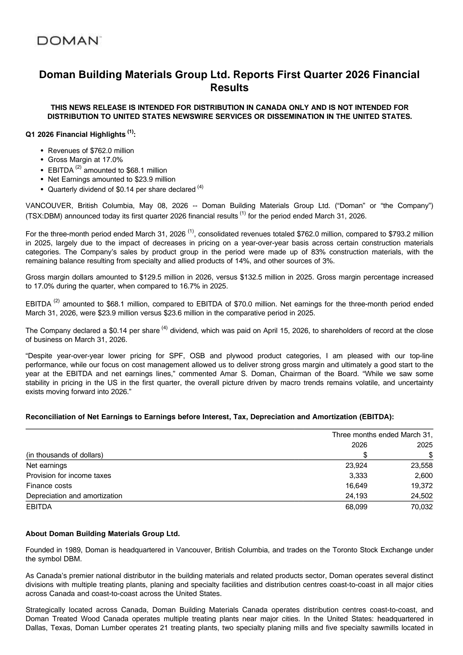 Doman Building Materials Group's Q1 2026 Press Release