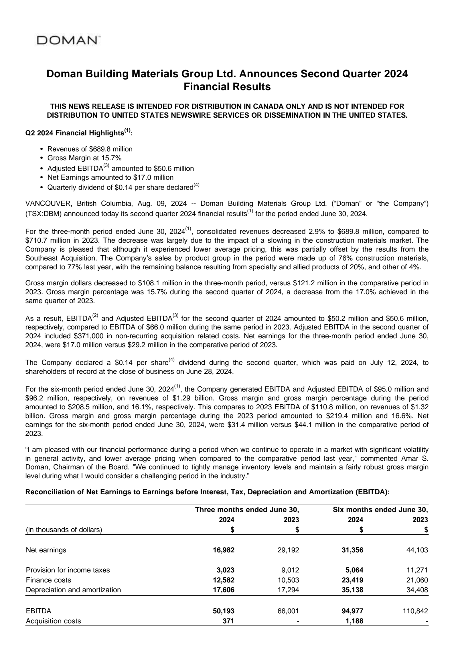 Doman Building Materials Group's Q2 2024 Press Release