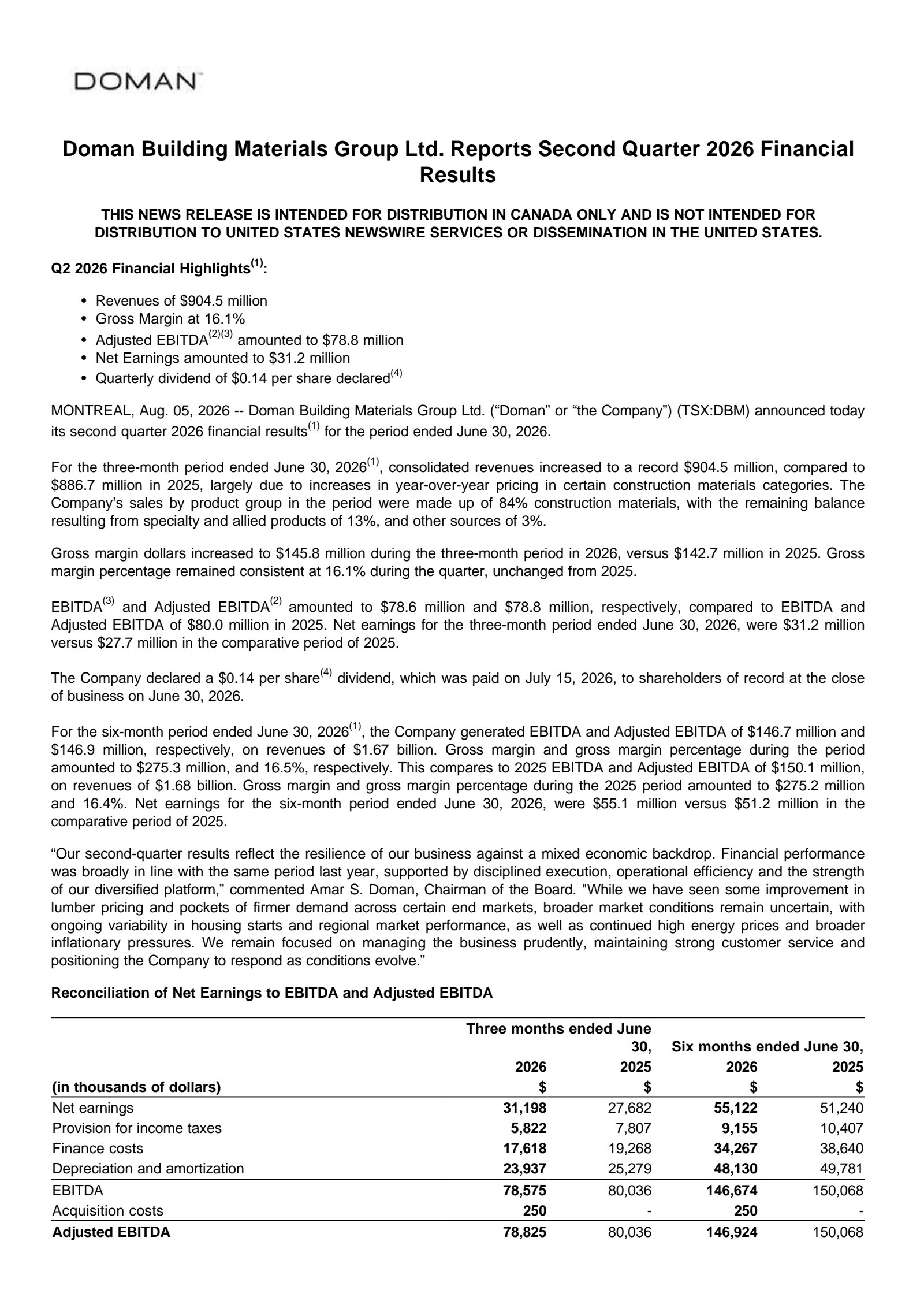 Doman Building Materials Group's Q2 2026 Press Release