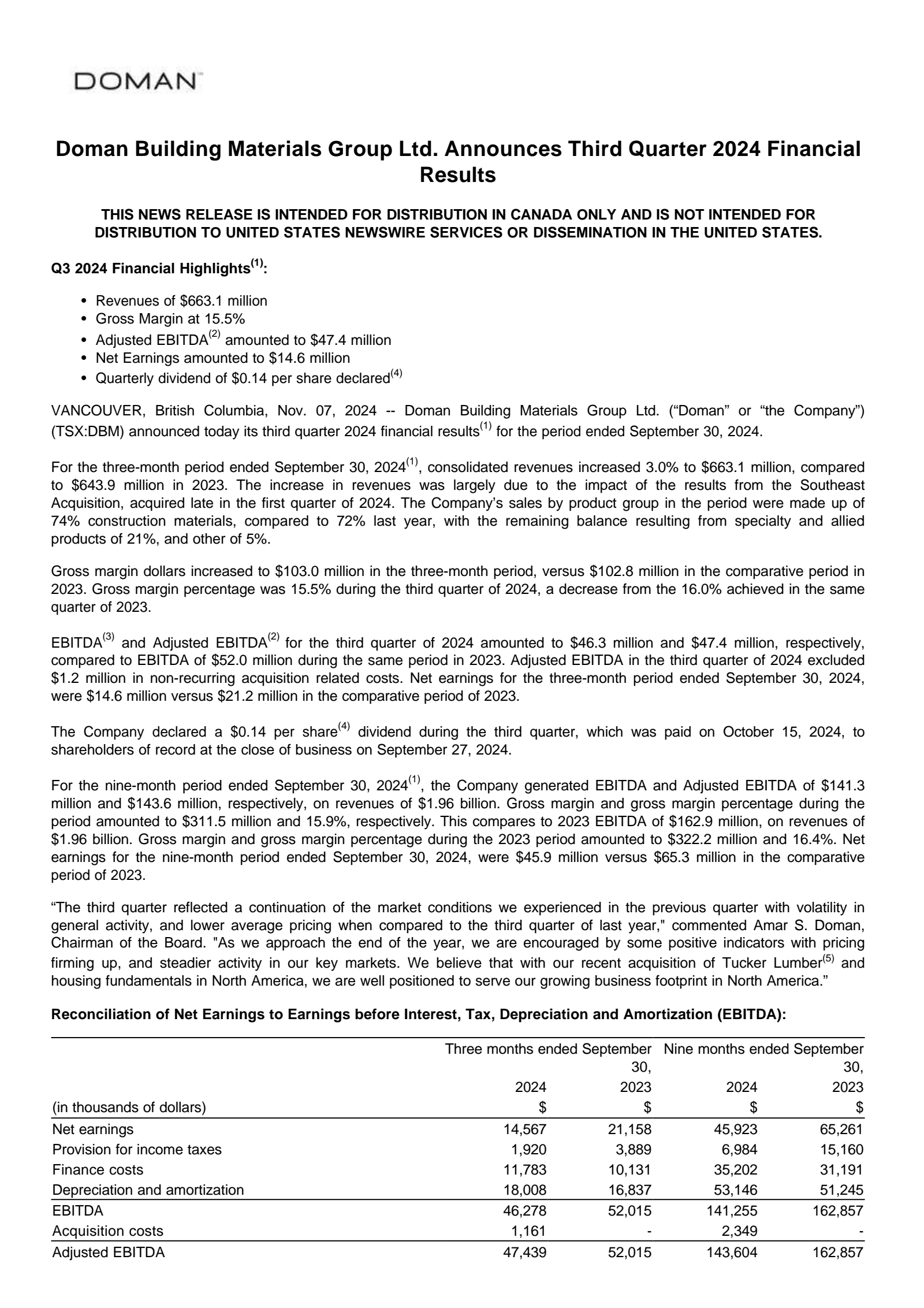 Doman Building Materials Group's Q3 2024 Press Release