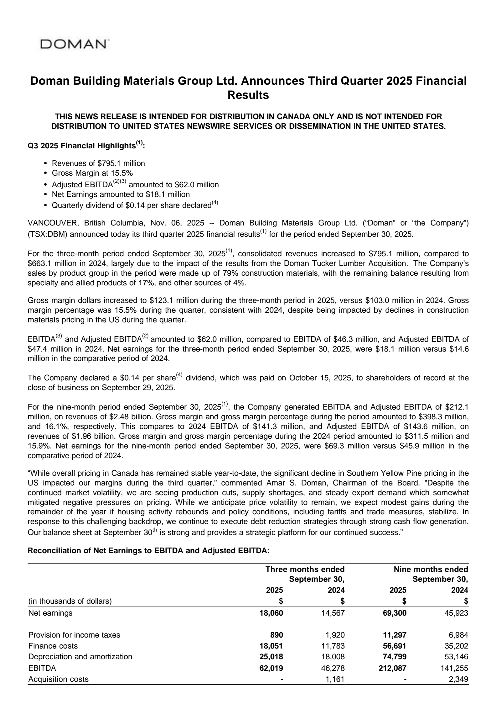 Doman Building Materials Group's Q3 2025 Earnings Release