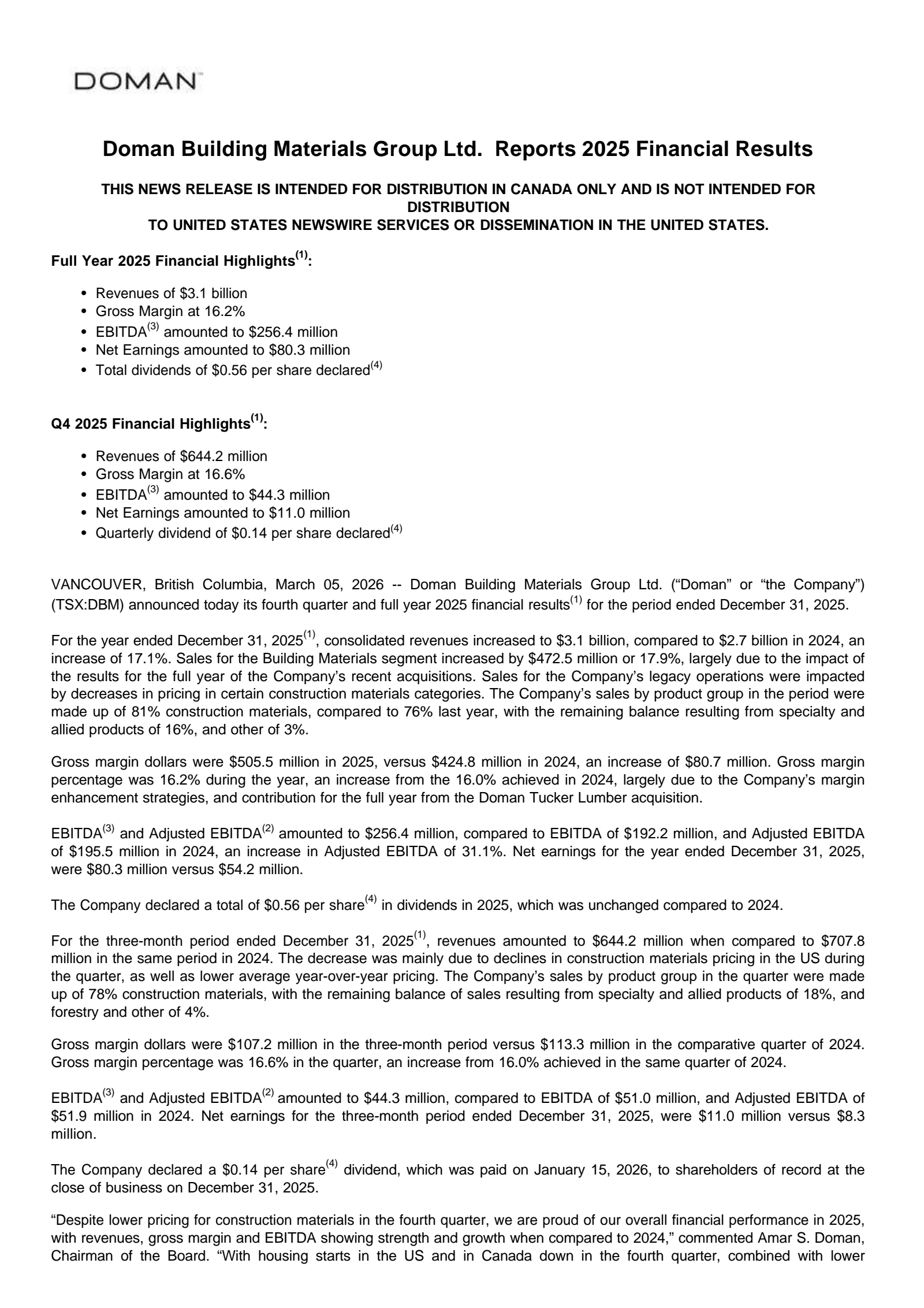 Doman Building Materials Group's Q4 2025 Press Release