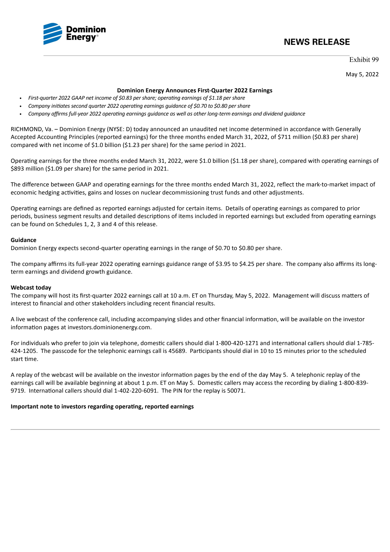 Dominion Energy's Q1 2022 Earnings Release