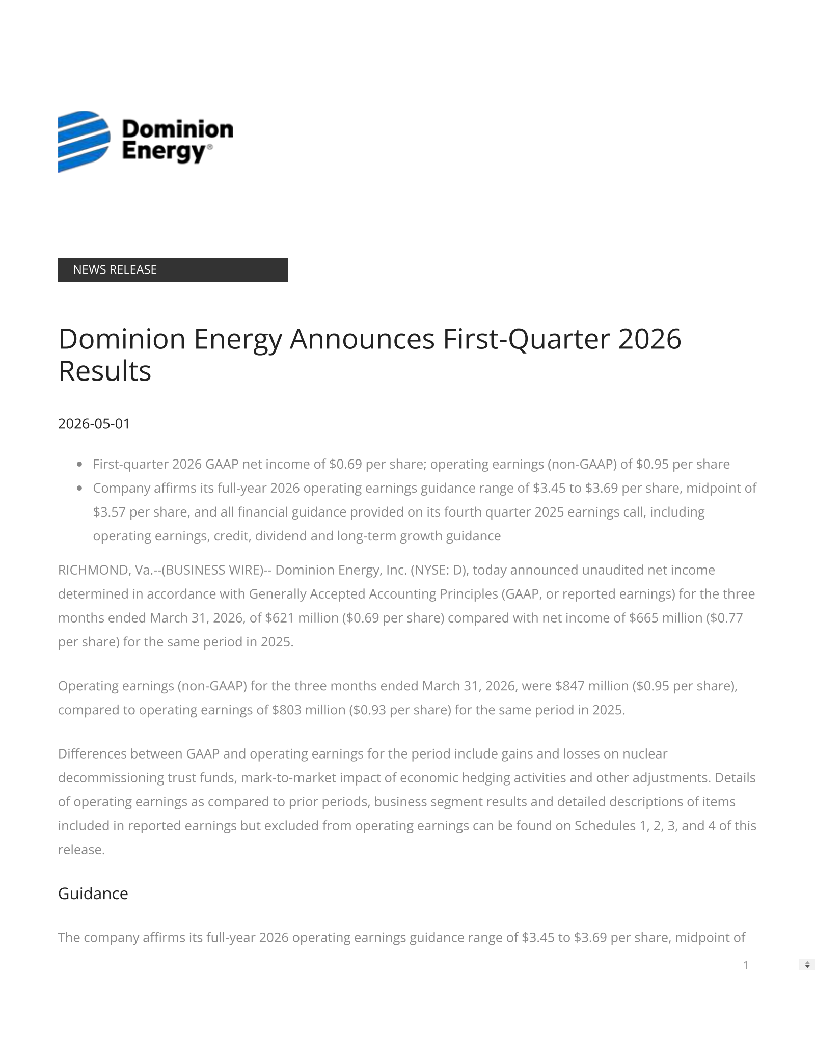 Dominion Energy's Q1 2026 Press Release