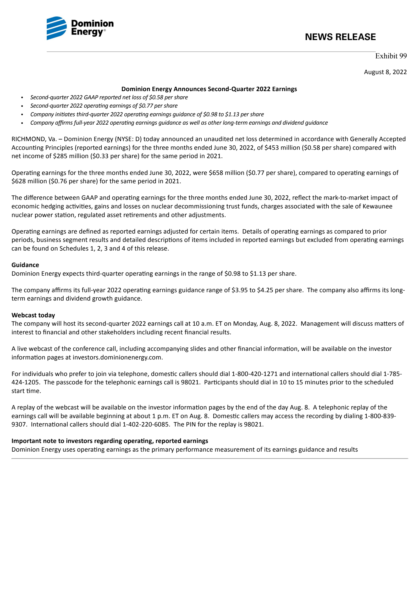 Dominion Energy's Q2 2022 Earnings Release