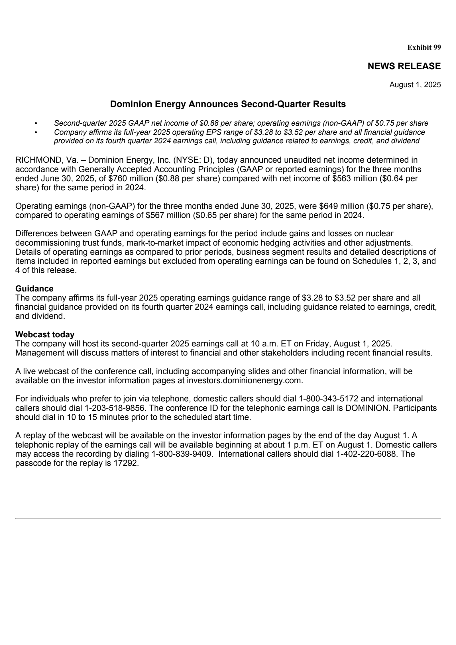 Dominion Energy's Q2 2025 Press Release