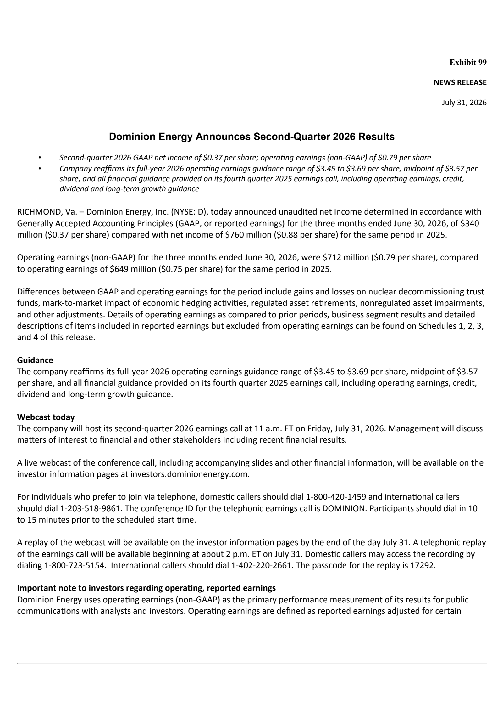 Dominion Energy's Q2 2026 Press Release