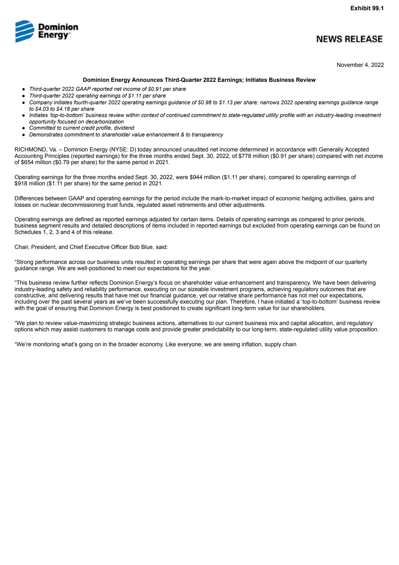 Dominion Energy's Q3 2022 Earnings Release
