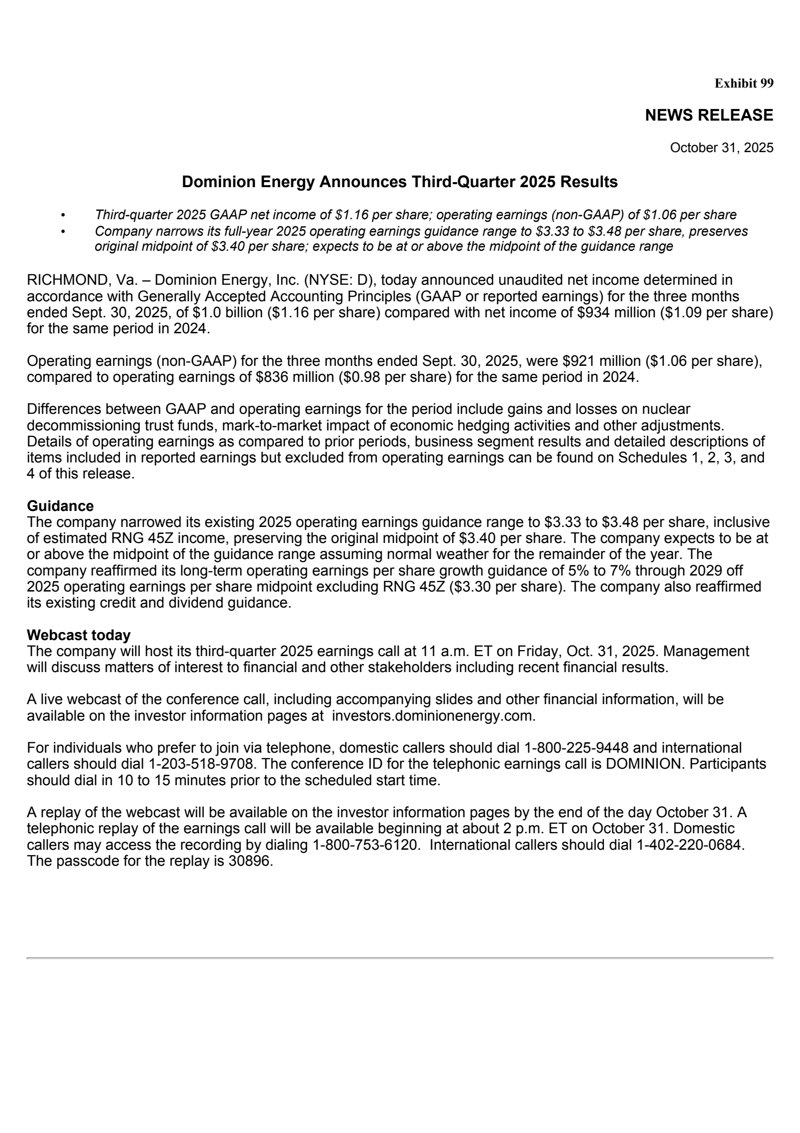 Dominion Energy's Q3 2025 Earnings Release