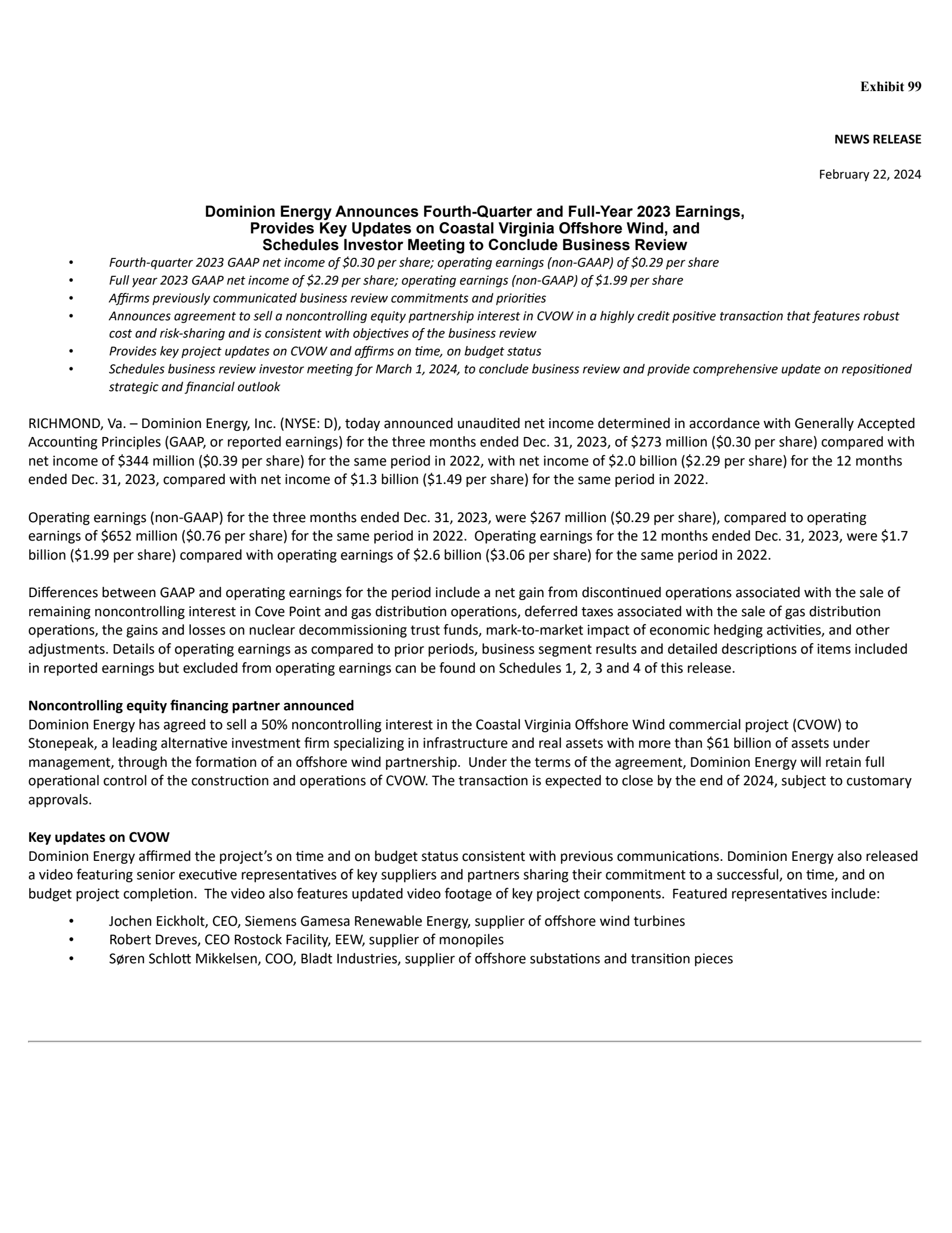 Dominion Energy's Q4 2023 Press Release