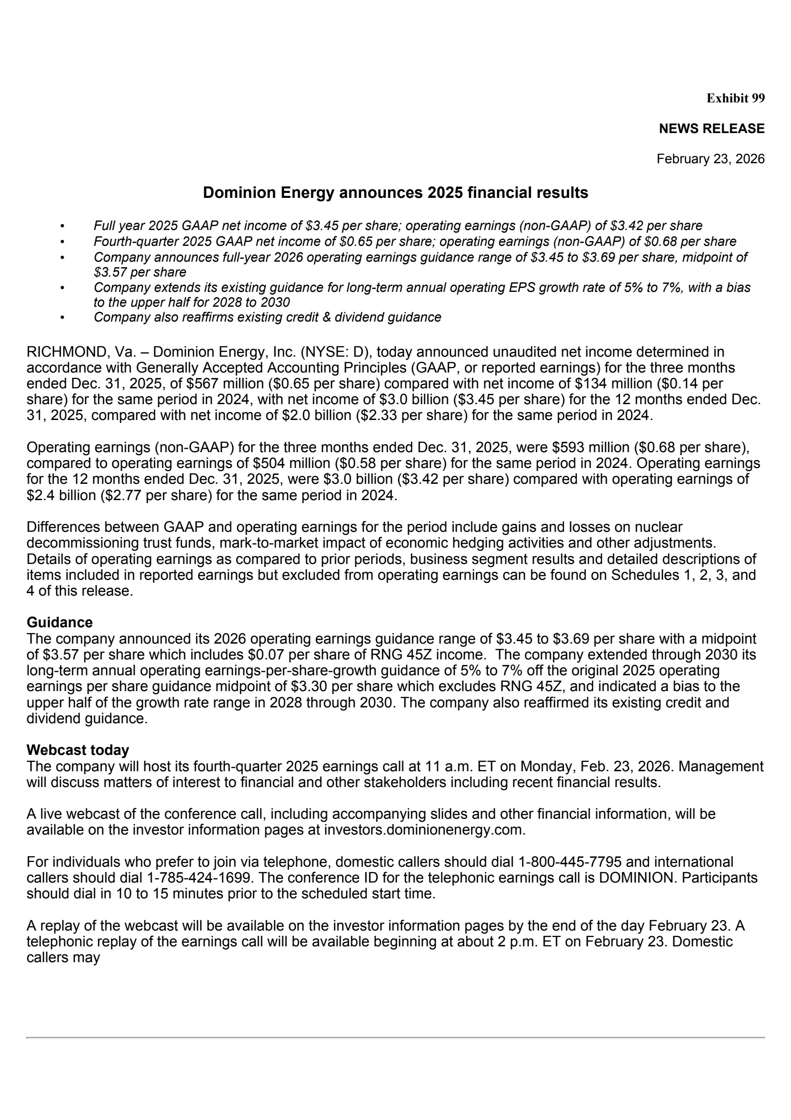 Dominion Energy's Q4 2025 Press Release