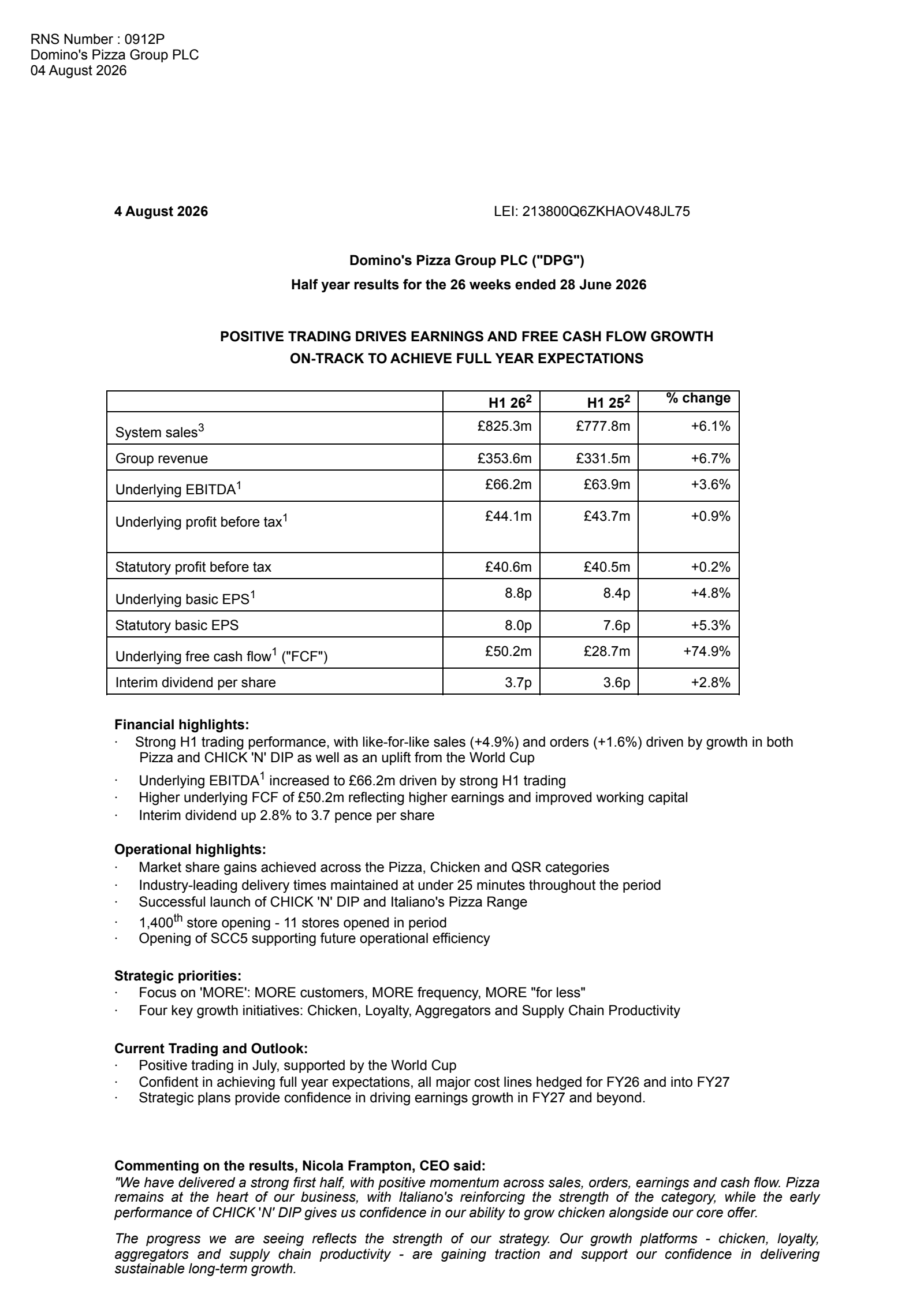 Domino's Pizza Group's H1 2026 Interim report