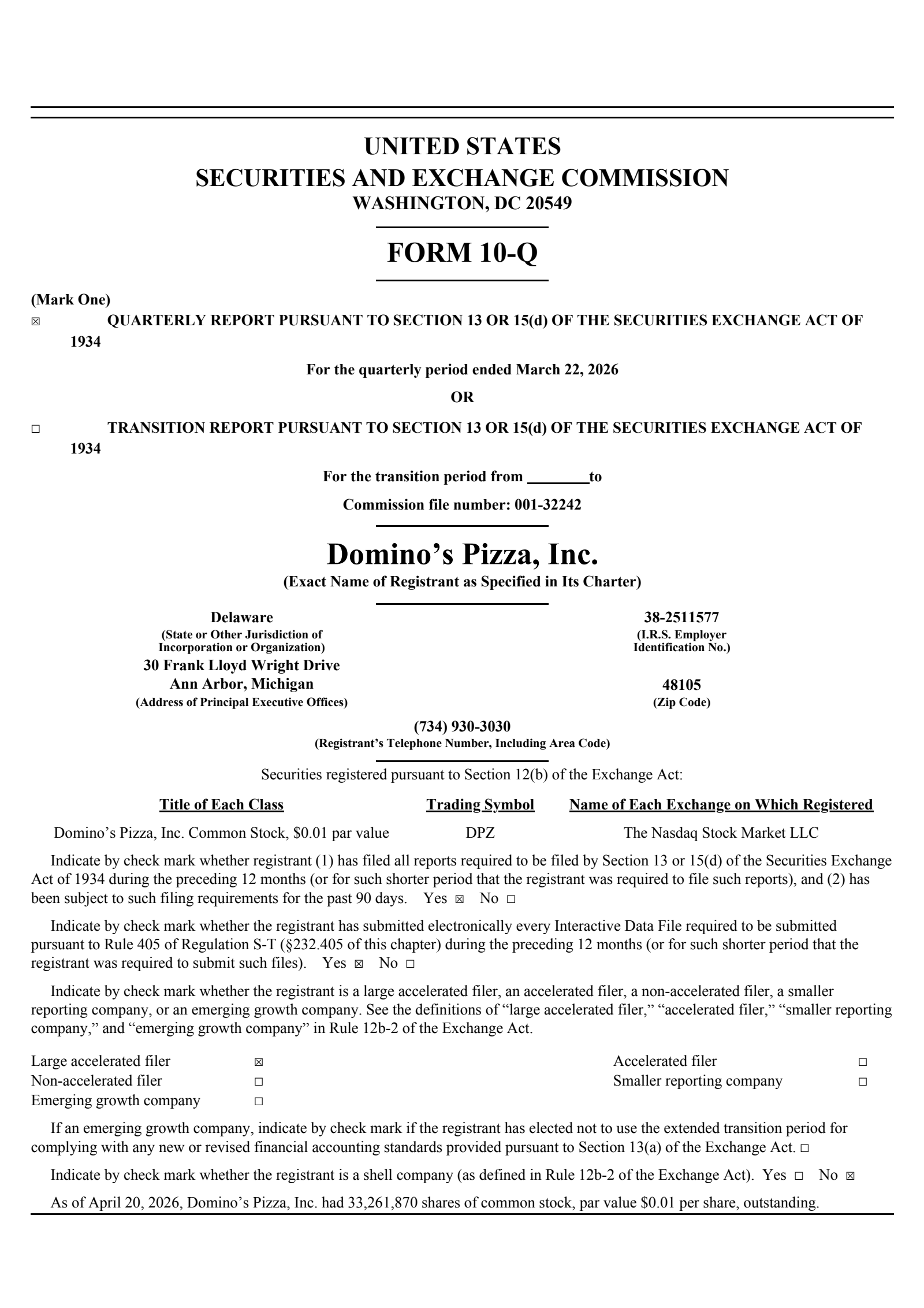 Domino's Pizza's Q1 2026 Quarterly report