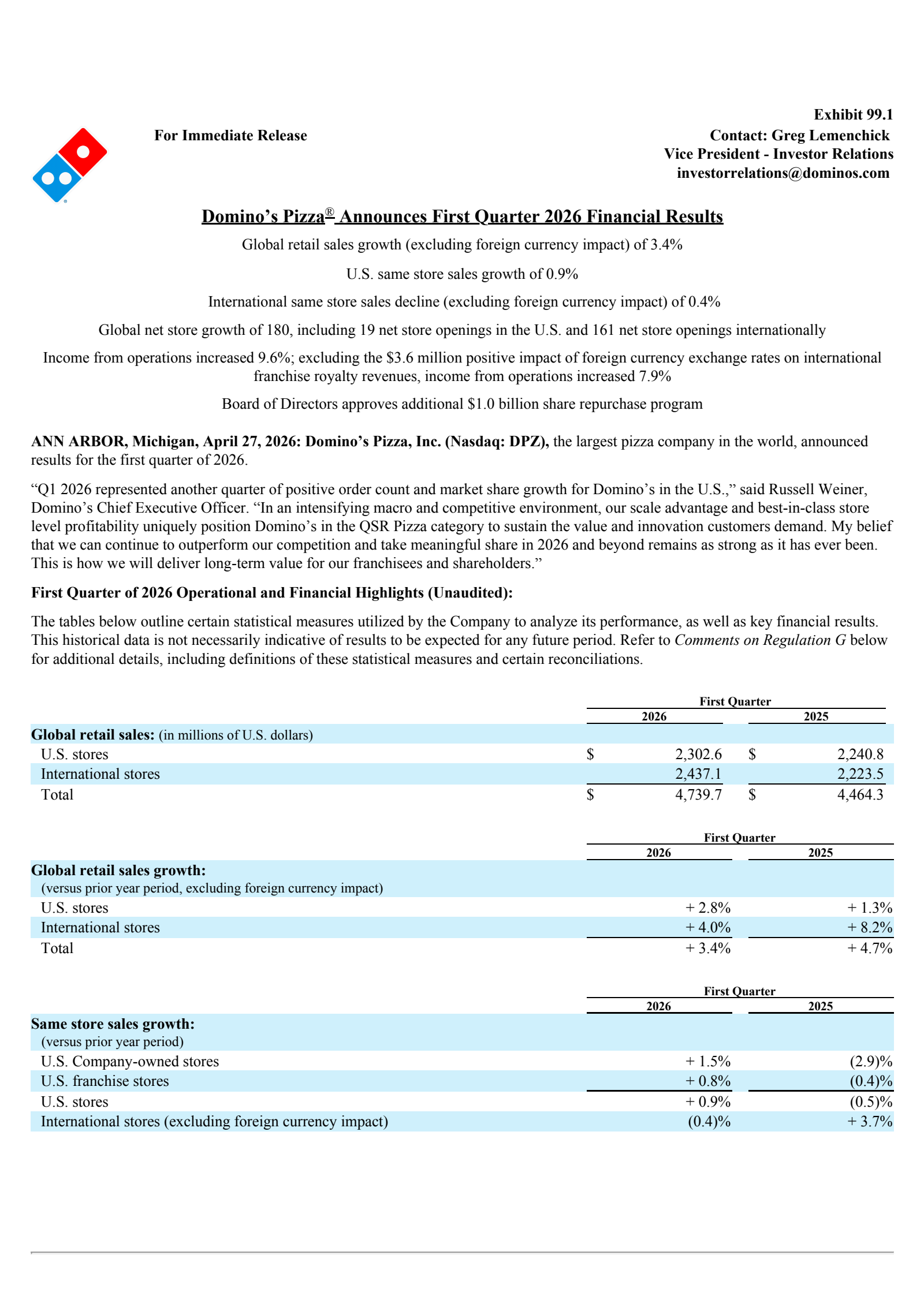 Domino's Pizza's Q1 2026 Press Release