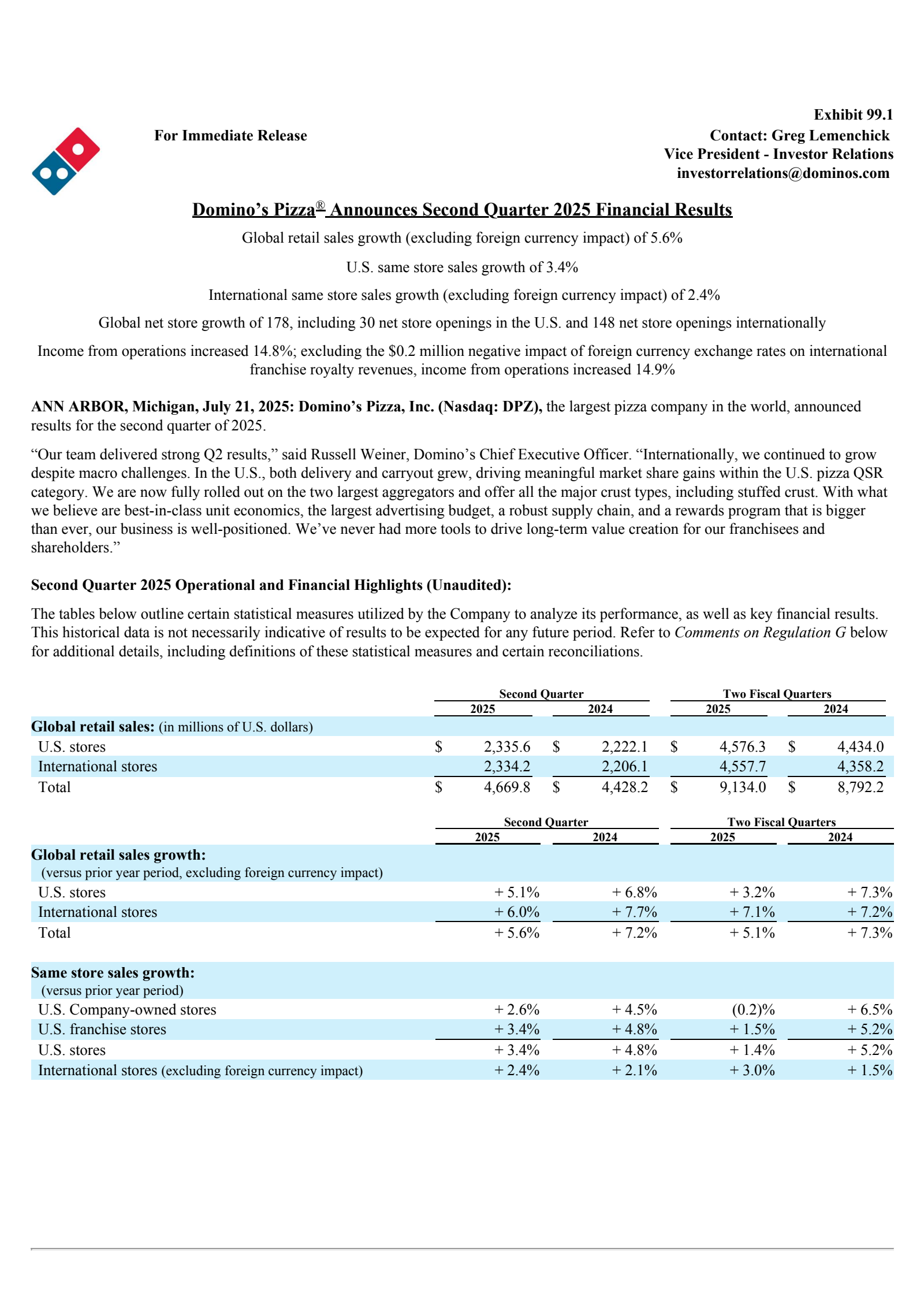 Domino's Pizza's Q2 2025 Press Release