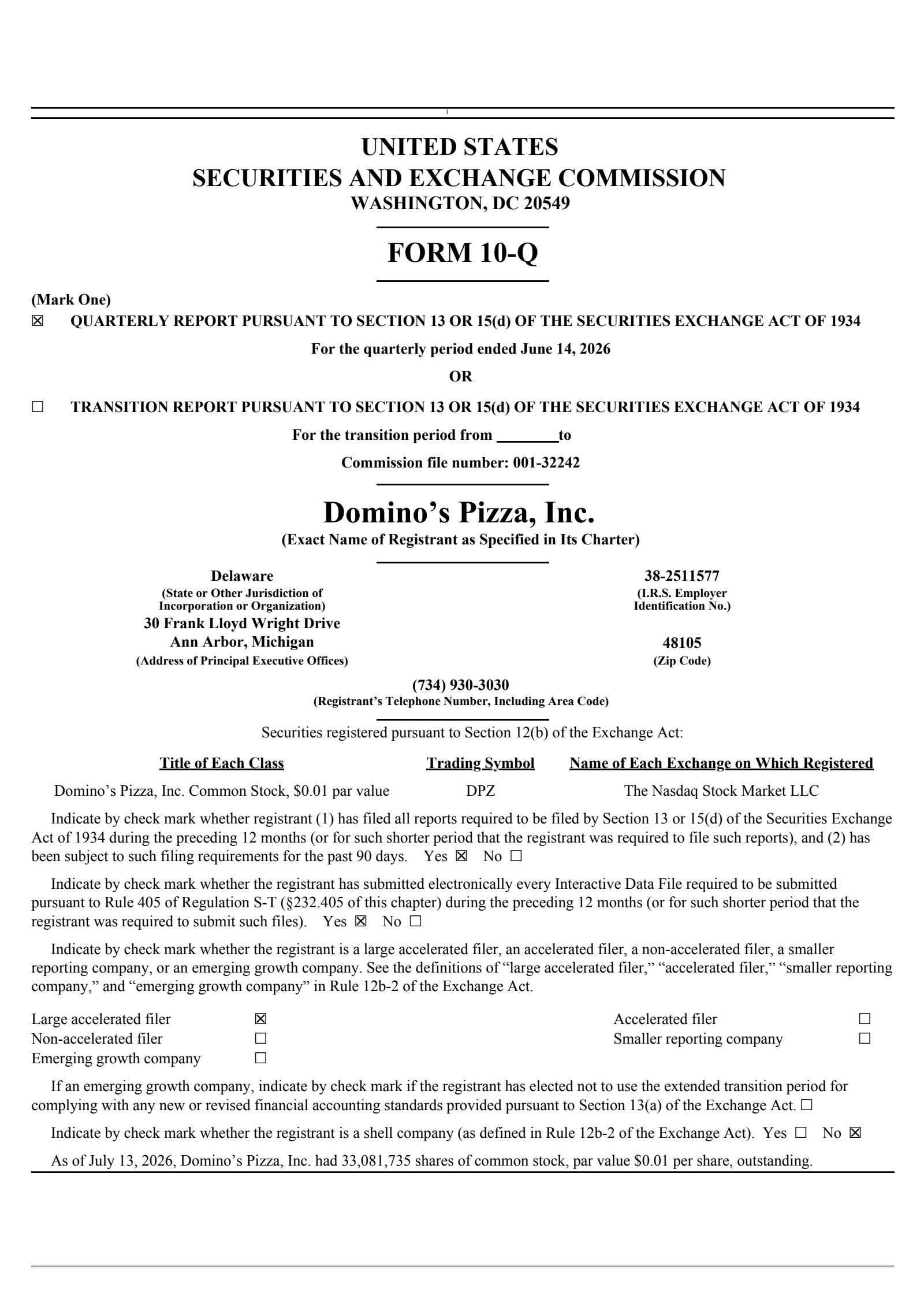 Domino's Pizza's Q2 2026 Quarterly report