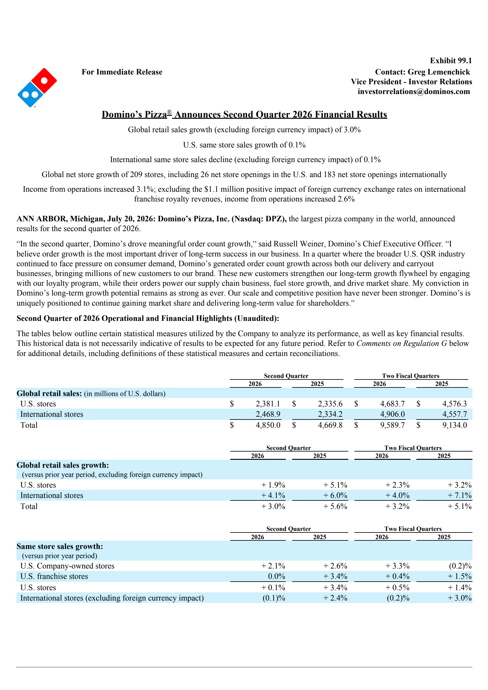 Domino's Pizza's Q2 2026 Press Release