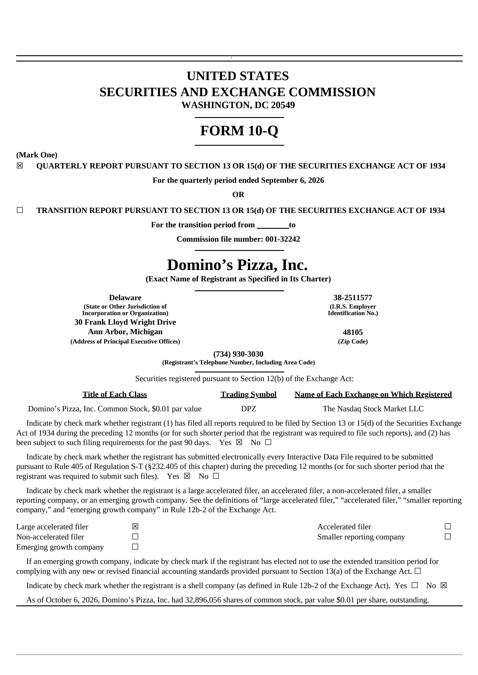 Domino's Pizza's Q3 2026 Quarterly report